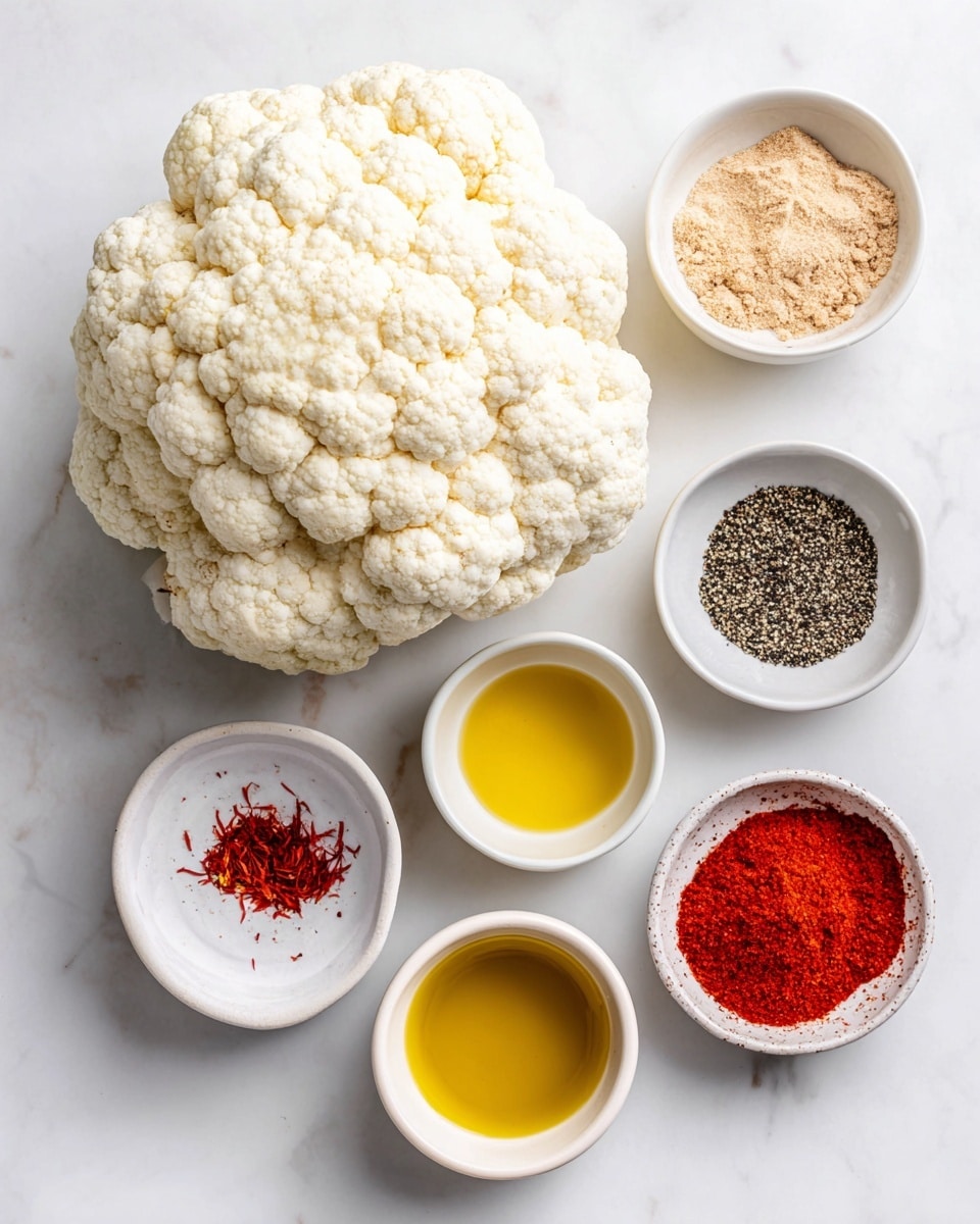 The image shows one large white cauliflower head positioned on a white marbled surface, surrounded by five small white bowls. Each bowl holds a different ingredient: light brown garlic powder at the top right, coarsely ground black pepper below it, white sea salt beneath the pepper, bright red paprika at the bottom right, and golden yellow olive oil at the bottom left. All items are neatly arranged in a loose circle around the cauliflower, with clear labels above each bowl and the vegetable. The scene is clean and bright, with minimal shadows and a fresh look. Photo taken with an iphone --ar 4:5 --v 7