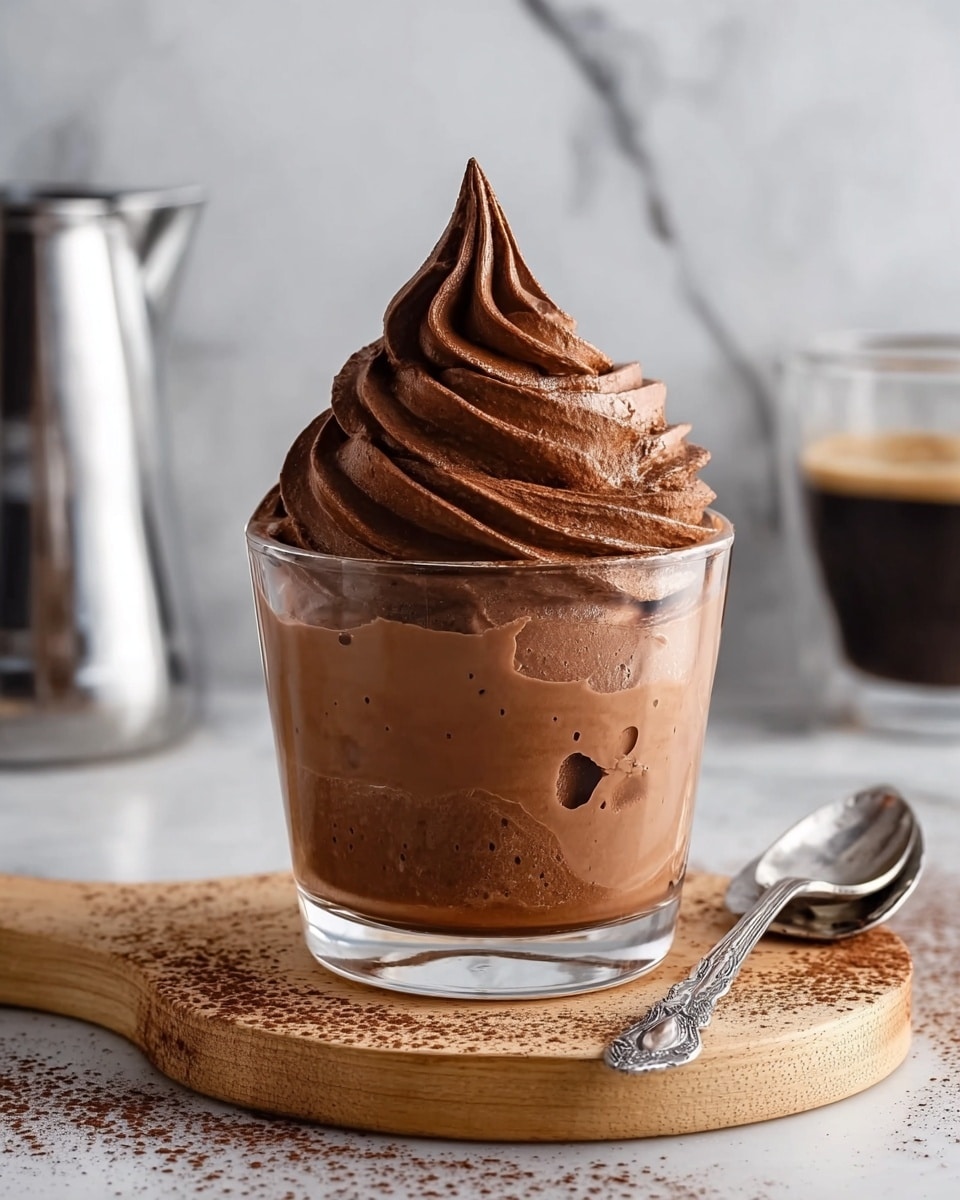 The image shows a clear glass filled with rich chocolate mousse. The mousse has two layers: the bottom layer is smooth and creamy with some small air pockets, while the top layer swirls up high in thick, soft spiral folds that end in a pointed tip. The glass sits on a round light wooden board, with some loose cocoa powder sprinkled on the board. In the background, a white marbled surface is visible, along with a silver pitcher and a glass of dark espresso. A silver spoon with a decorative handle rests on the wooden board beside the glass. Photo taken with an iphone --ar 4:5 --v 7