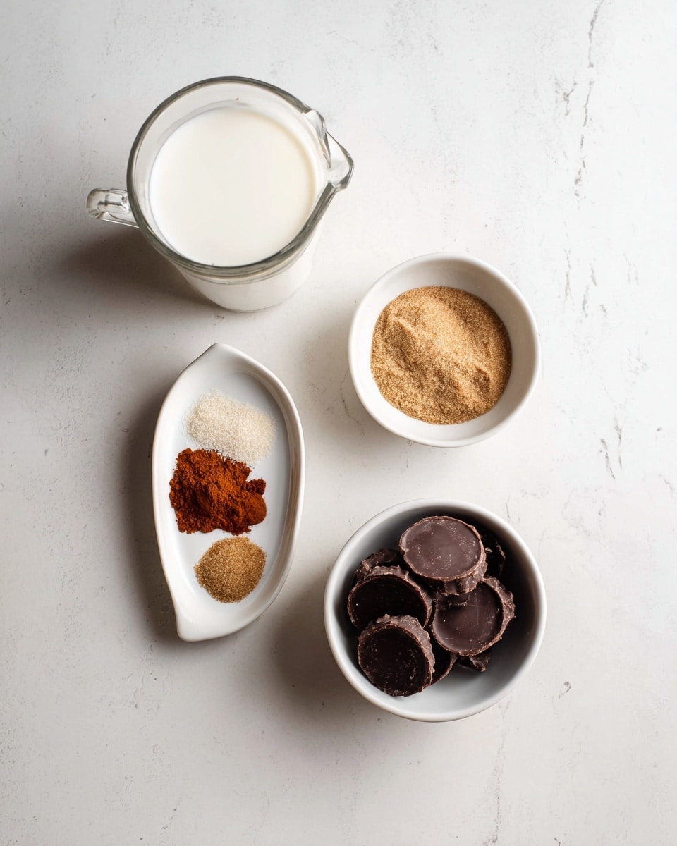The image shows four small white dishes arranged on a white marbled surface. At the top left, a clear glass pitcher is filled with white milk. To the right of it, a small round white bowl holds light brown sugar. Below these, at the bottom left, a white oval dish contains three neatly spaced layers of powder: a small amount of light brown spice, a thicker layer of reddish spice, and a layer of brown cinnamon-like spice. To the right of this, a small white bowl is filled with several dark chocolate discs. Photo taken with an iphone --ar 4:5 --v 7