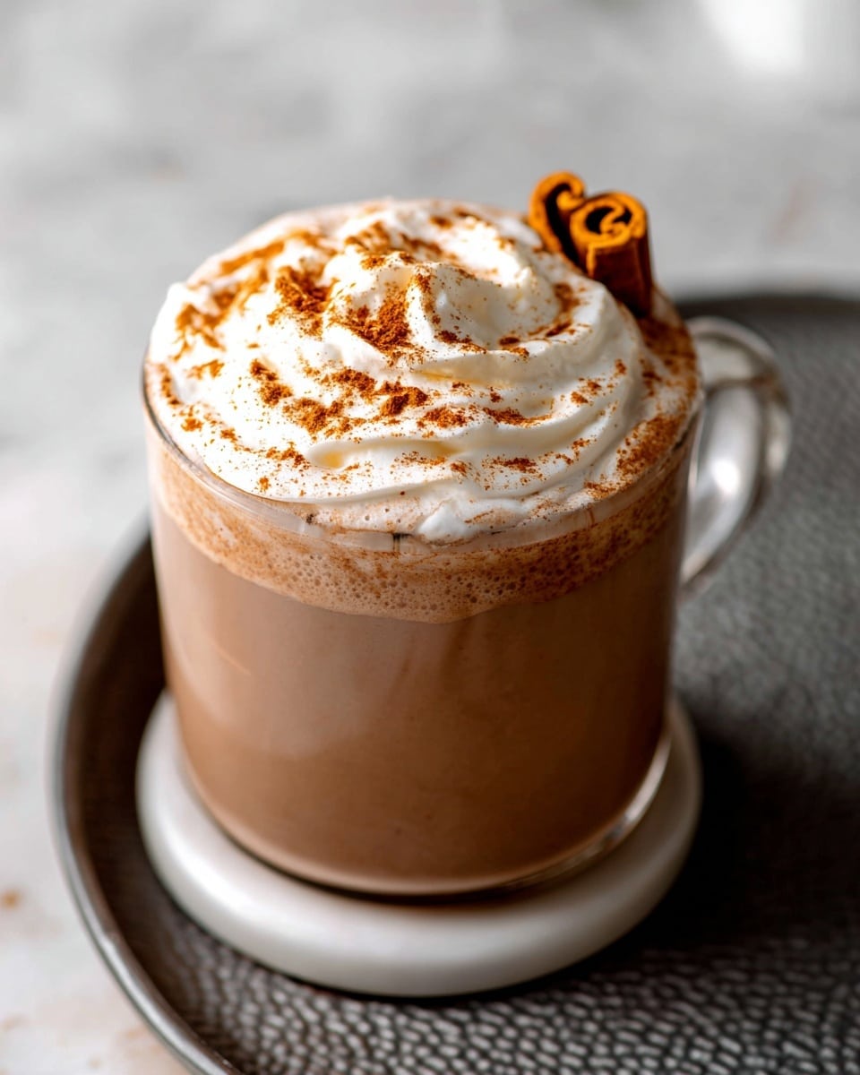 A clear glass mug filled with creamy light brown hot chocolate sits on a white coaster, placed on a textured dark gray metal tray over a white marble surface. The hot chocolate has a thick layer of white whipped cream on top, swirled and puffed high, dusted evenly with a light brown cinnamon powder. A small rolled cinnamon stick rests on the side of the whipped cream near the mug's rim. The image is close-up and slightly top angled, focusing on the creamy texture and warm colors of the drink. Photo taken with an iphone --ar 4:5 --v 7