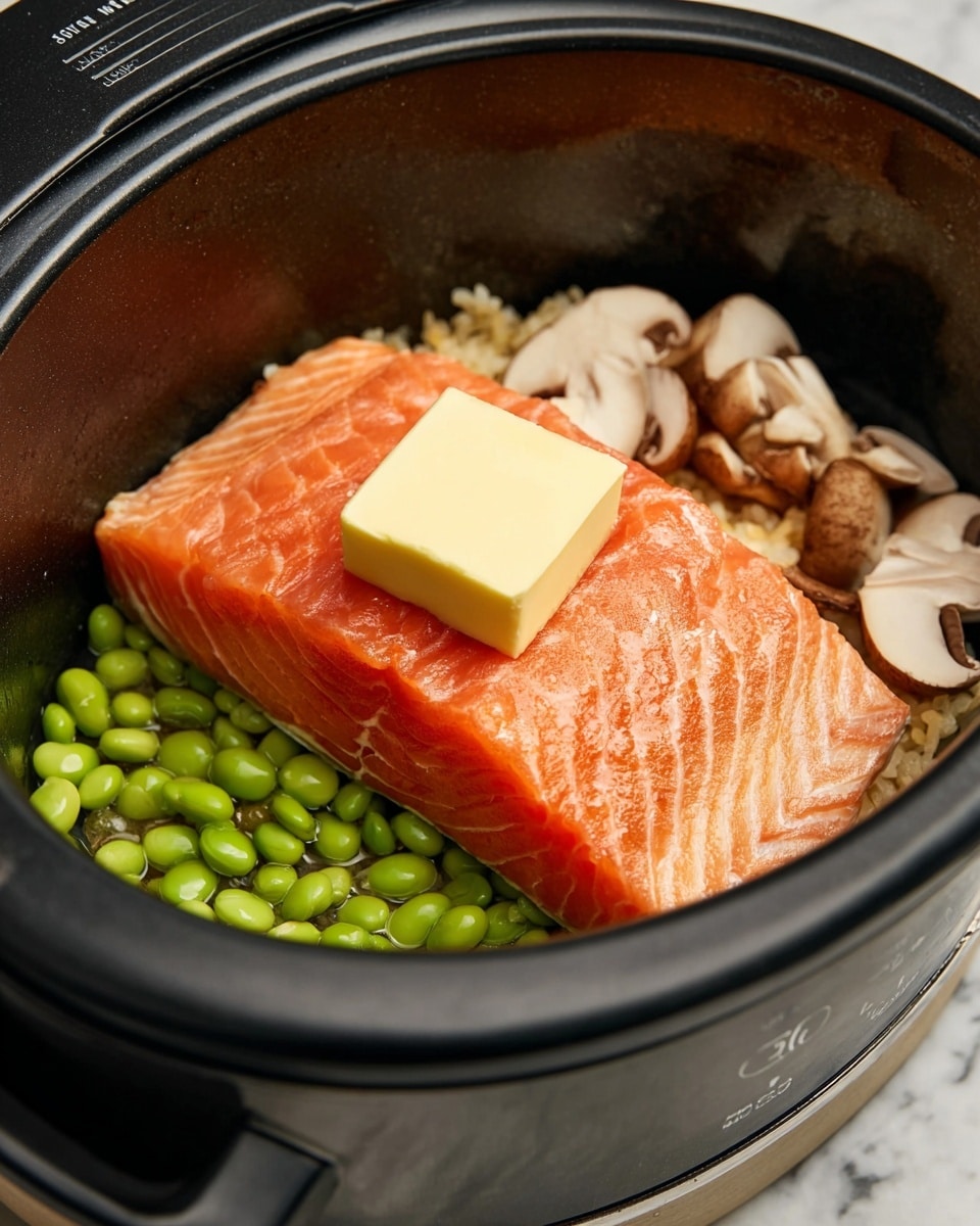 A close-up of a rice cooker filled with three layers: at the bottom, light brown and white mushrooms with smooth, thin stems resting gently on the black interior, next to bright green edamame beans scattered around the edges, and on top, a thick, orange-pink raw salmon fillet with visible white marbling, crowned by a square piece of pale yellow butter. The rice cooker interior is matte black with measurement markings on the side, and the surrounding countertop is a white marbled texture. photo taken with an iphone --ar 4:5 --v 7