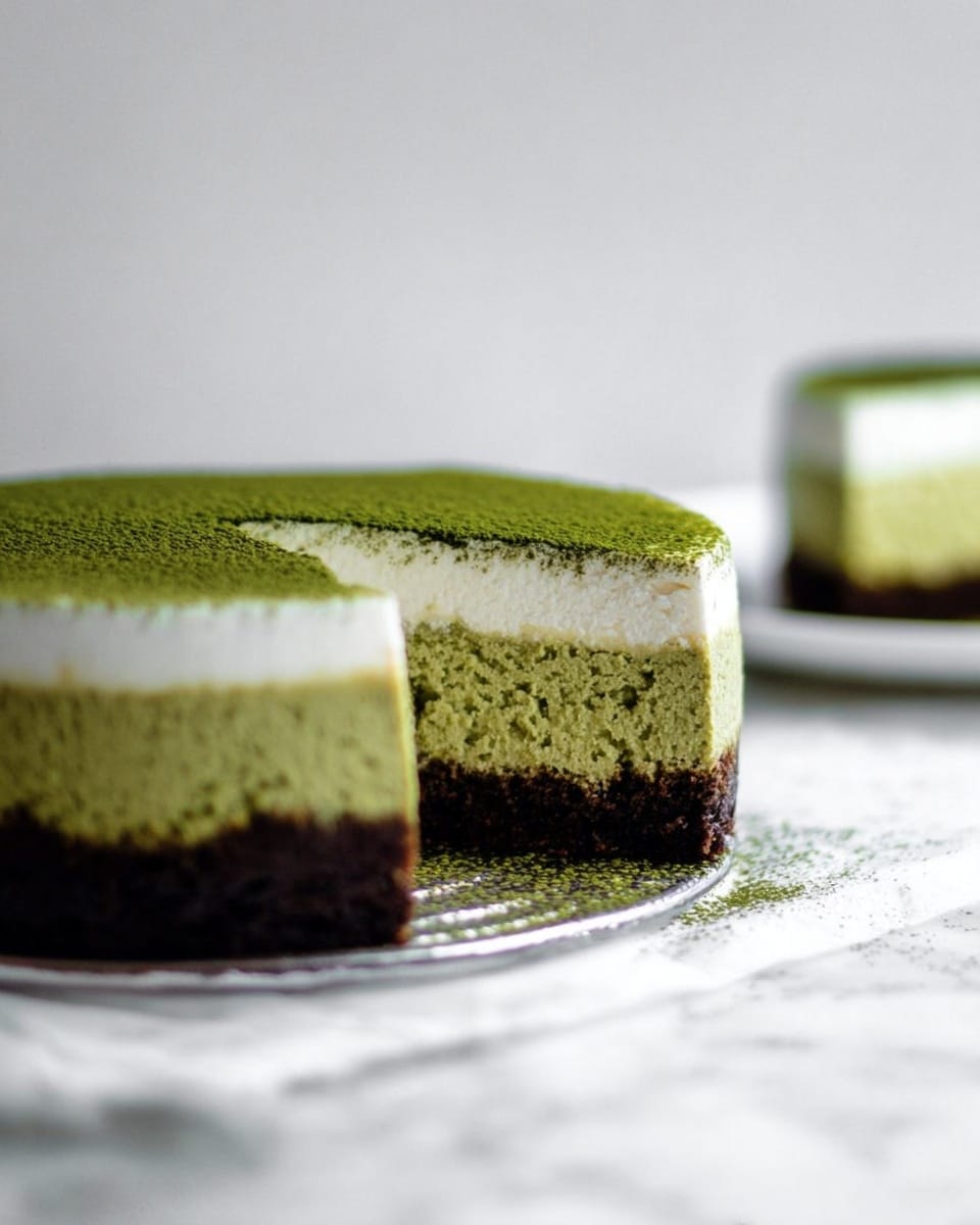 The image shows a round three-layer cake on a white marbled surface. The bottom layer is dark brown and looks dense. The middle layer is thick and light green with a creamy texture. The top layer is white and fluffy with a smooth surface, dusted evenly with green powder. A slice is taken out from the cake, showing all the layers clearly. In the background, there is a blurred piece of the cake on a white plate. Photo taken with an iphone --ar 4:5 --v 7