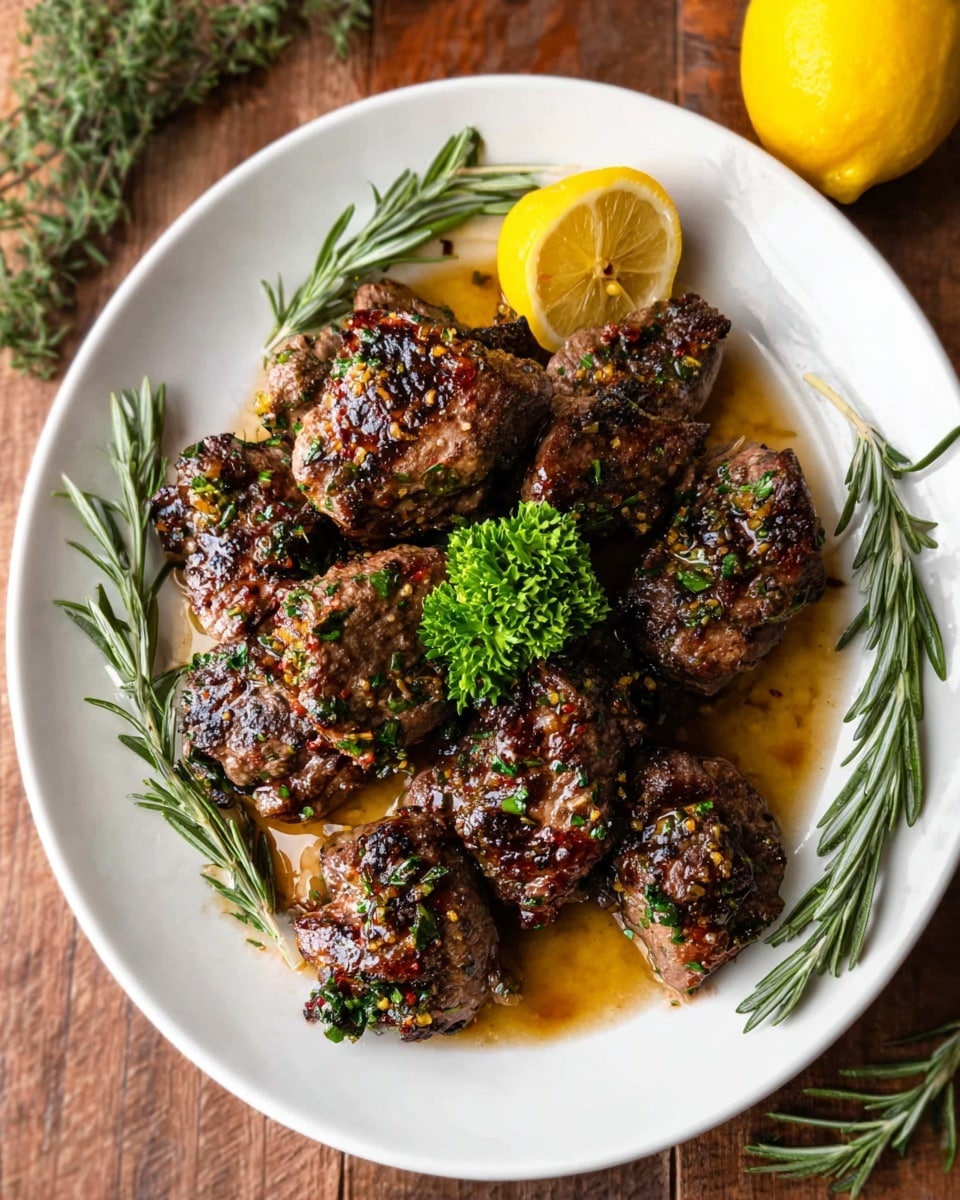 A white plate holds about ten grilled meat pieces with a dark brown, slightly charred surface covered in small green herb bits. The meat is arranged in a cluster, sitting in a light brown sauce pool. At the top of the plate, a whole yellow lemon is placed beside the meat. Green rosemary sprigs surround the meat on the plate edges, and a small bunch of curly parsley rests atop one piece in the center. The plate is on a rustic wooden table with some more rosemary scattered around. photo taken with an iphone --ar 4:5 --v 7