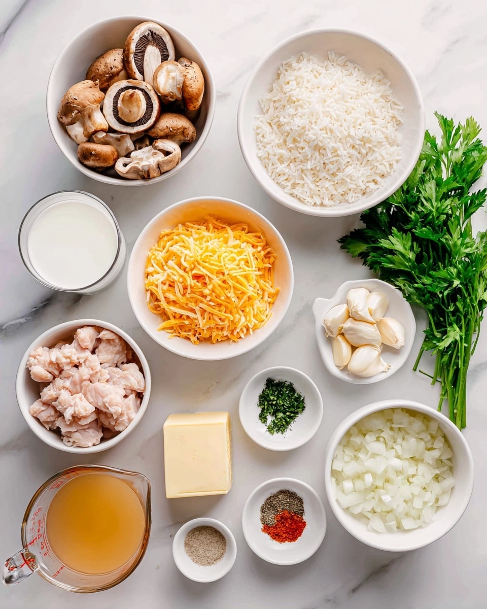 The image shows ingredients neatly arranged on a white marbled surface in white bowls and small dishes. There are sliced brown mushrooms in a medium white bowl, shredded orange cheese in another white bowl, small chunks of pale pink chicken in a white bowl, fresh green parsley bunch on the right side, and white rice in a white bowl near the top right. A white bowl holds diced white onions on the bottom right. Smaller white dishes have minced garlic, flour, and seasonings in red, green, and beige powders. A small white dish contains a block of pale yellow butter, with a small glass container of clear oil next to it. There is a clear glass measuring cup with orange broth and another with white milk. The overall look is clean, bright, and organized with natural colors and textures. Photo taken with an iphone --ar 4:5 --v 7