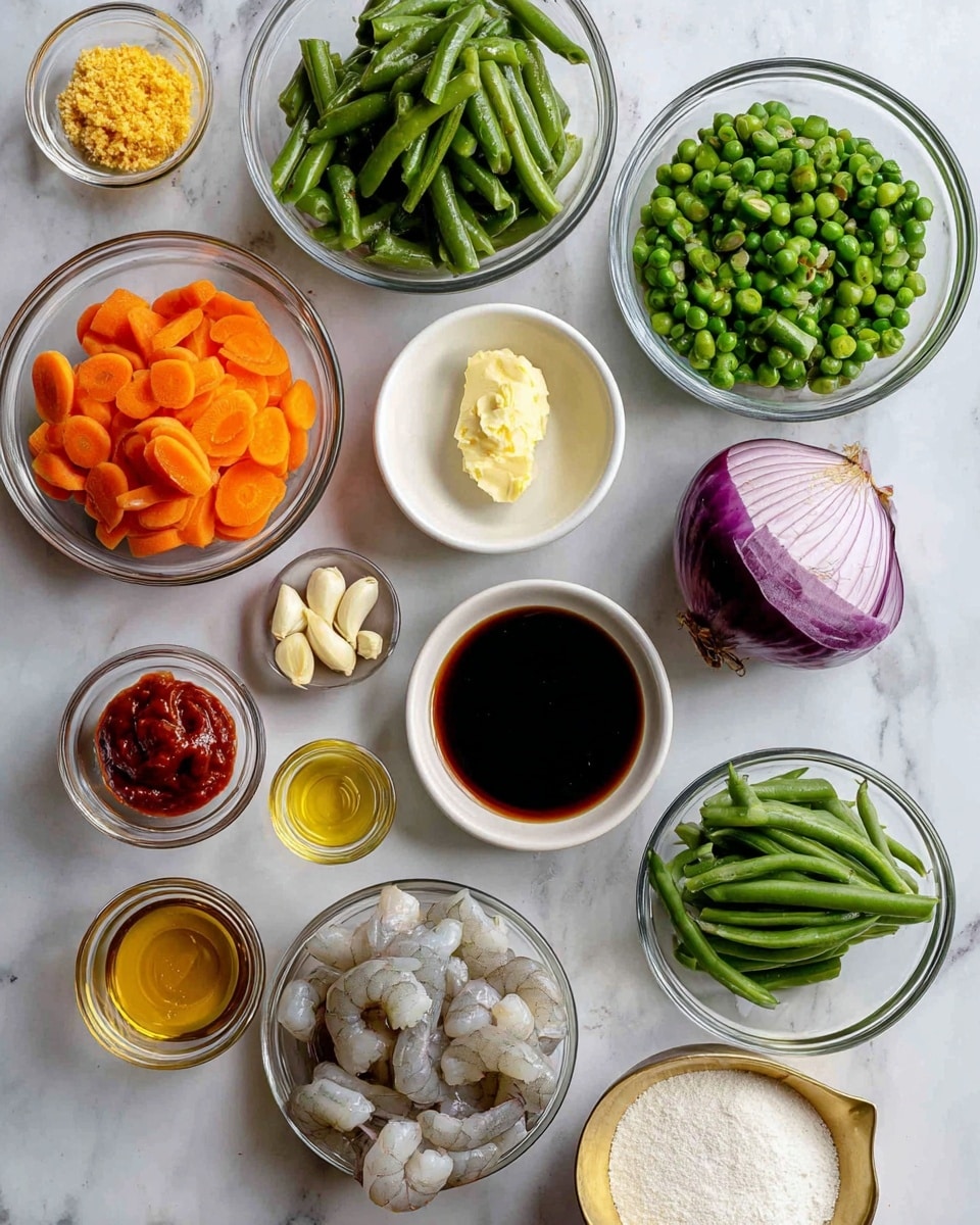 The image shows a flat lay of fresh cooking ingredients on a white marbled surface. There are clear glass bowls filled with bright green chopped asparagus and snap peas mixed with bright orange carrot slices, both placed near the top left. In the center, a small white bowl holds a pale yellow butter dollop, flanked by a clear bowl of dark brown soy sauce and another bowl with light yellow garlic cloves. To the right, half a purple red onion sits next to a clear bowl of green sliced green beans and a white bowl with golden honey. Near the bottom left, a small bowl contains red sriracha sauce and yellow ginger paste, adjacent to a large clear bowl filled with raw grayish-pink shrimp. A small white bowl of white cornstarch and a golden measuring cup filled with uncooked white rice complete the arrangement. The photo taken with an iphone --ar 4:5 --v 7