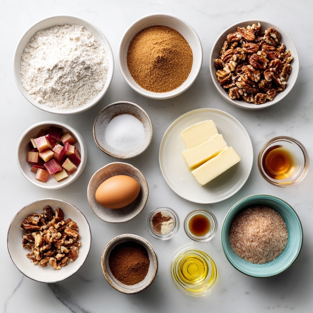 Top-down professional food photography, flat lay style, bright white marble countertop, neatly arranged, evenly spaced, tidy, clean organized layout, include: bowl of all-purpose flour, bowl of brown sugar, small bowl of baking soda, small bowl of salt, bowl of diced rhubarb, bowl of chopped pecans, small plate with large egg, small plate with cold unsalted butter, glass measuring cup of buttermilk, glass measuring cup of canola oil, small glass cup of vanilla extract, bowl of combined topping ingredients (brown sugar, flour, cinnamon, salt), bright soft natural lighting, sharp focus, high detail textures, realistic reflections, no finished dish, no cooked food, no hands, no text, no watermark