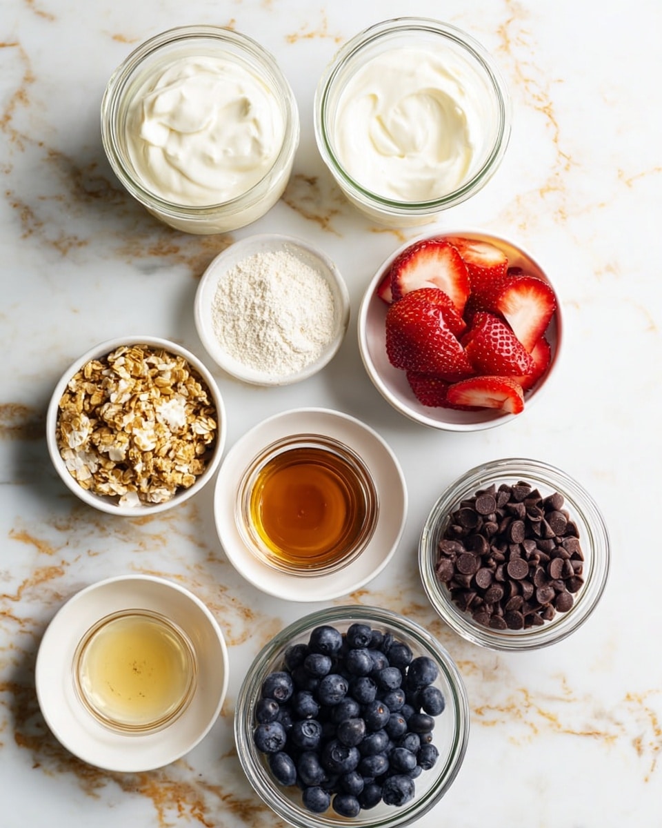 A top view of several small white plates and glass jars arranged on a white marbled surface with gold veins. In two glass jars at the top, there is smooth white yogurt. Below these, a small white plate holds light beige flour next to a small glass jar filled with golden honey. On the right, another white plate contains sliced red strawberries, and below it, a glass jar is full of fresh blue blueberries. Toward the lower left, a small white plate holds a light golden syrup, and next to it, a glass jar contains golden granola clusters. A small white plate with dark brown chocolate chips is near the bottom left, and next to it, a small glass jar has a dark brown liquid, likely vanilla or syrup. The colors are soft and natural, and the textures range from smooth yogurt to chunky granola and fresh fruit, with everything laid out neatly. photo taken with an iphone --ar 4:5 --v 7