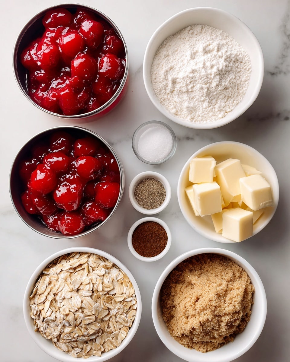 The image shows ingredients for a cherry dessert arranged on a white marbled surface. There are two open cans filled with bright red cherry pie filling placed near the top left. At the top right, a white bowl holds light, powdery flour. Below the flour, on the right side, a white bowl is filled with golden brown sugar that looks soft and crumbly. At the bottom right, a white bowl contains pale yellow butter cut into small cubes. On the bottom left, a white bowl is full of light brown rolled oats with a rough texture. In the center, a small white bowl holds four different spices and salt, divided into four sections with colors ranging from white to dark brown with powdery textures. All items are neatly arranged and well-lit, showing clear details of each ingredient. photo taken with an iphone --ar 4:5 --v 7