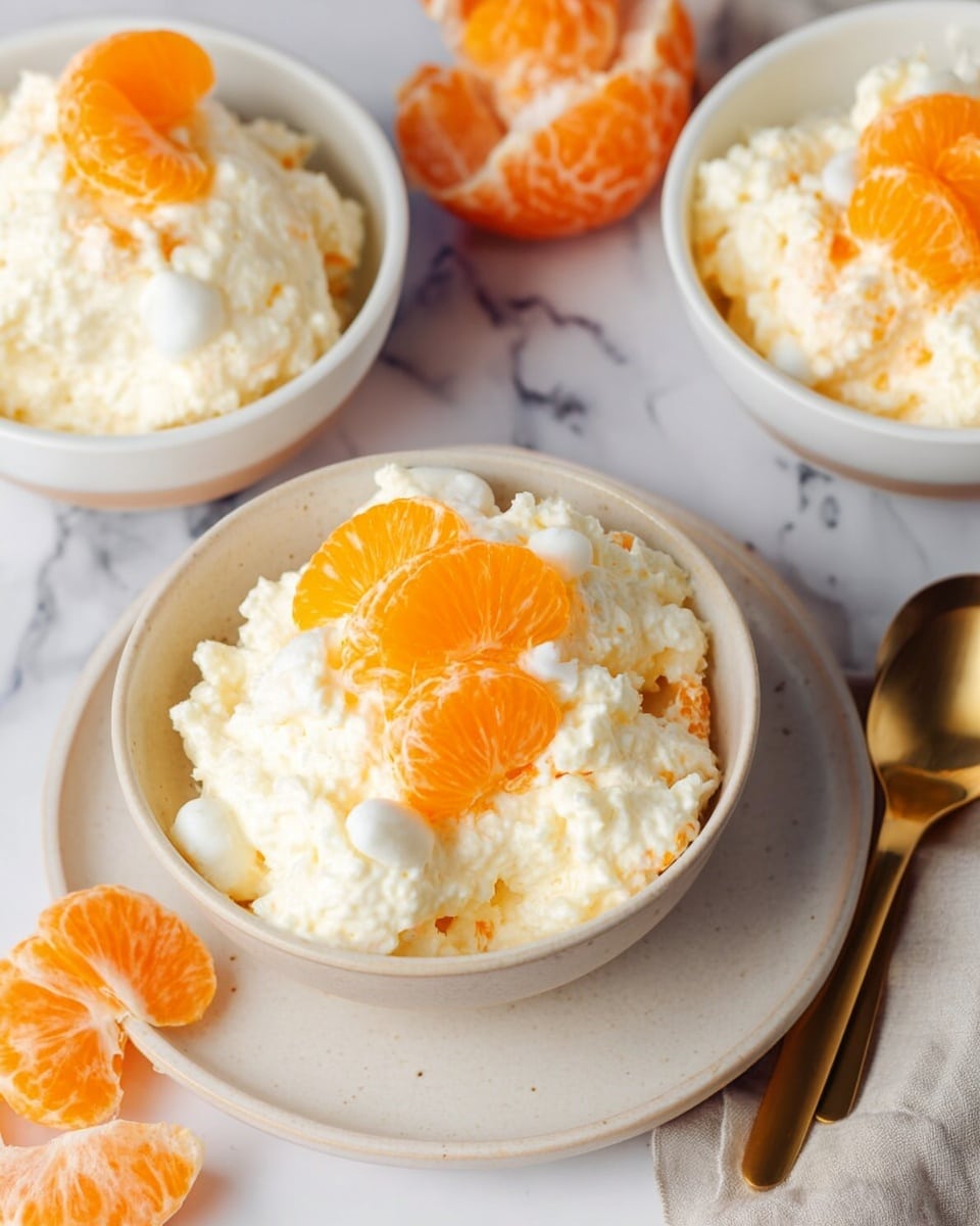 The image shows two white bowls and one large white plate filled with a creamy, textured dessert that is light cream in color with soft white and orange pieces mixed throughout. Each bowl has a small pile of bright orange, peeled mandarin segments placed on top, contrasting with the creamy base. The dessert looks soft and fluffy with small, round white chunks throughout. The bowls and plate sit on a white marbled surface, with a few peeled mandarin segments and a gold spoon placed nearby, adding extra color to the scene. Photo taken with an iphone --ar 4:5 --v 7