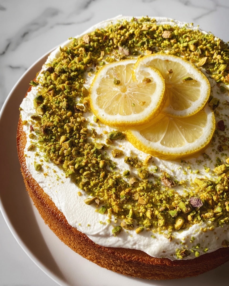 The image shows a single-layer golden brown cake on a white plate, with a thick layer of white cream spread evenly on top. Around the edge of the cream is a thick ring of crushed green pistachios, with more pistachios sprinkled softly across the top. Three thin, round slices of pale yellow lemon are neatly placed slightly overlapping in the center on the cream. The surface under the plate has a white marbled texture. The light highlights the moist texture of the cake and the fresh look of the lemon slices. Photo taken with an iphone --ar 4:5 --v 7