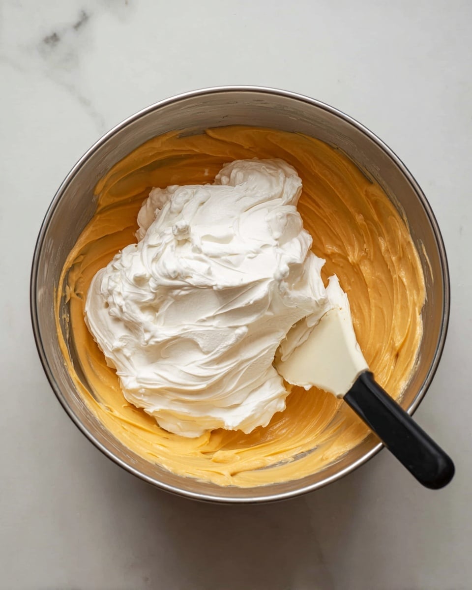 A silver metal bowl sits on a white marbled surface, filled with two main layers of thick, creamy mixtures. The bottom layer is a smooth, bright orange color, evenly spread along the sides of the bowl. On top of that is a thick, fluffy white layer piled in the center. A rubber spatula with a cream-colored blade and a black handle rests inside the bowl, partly touching the white layer and orange layer. photo taken with an iphone --ar 4:5 --v 7