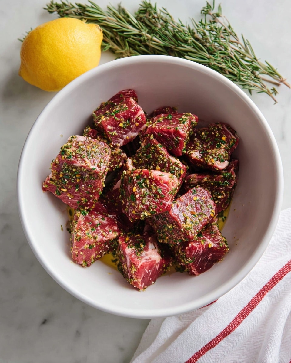 The image shows a white bowl filled with about eight pieces of raw meat coated with green herbs and spices, giving a textured look with small green and yellow specks over the red and pink meat. The pieces are irregular in shape and layered randomly within the bowl. To the top left of the bowl, there is a whole bright yellow lemon resting next to fresh green rosemary sprigs. The bowl sits on a white marbled surface, with a white cloth with red stripes partially visible at the bottom right. photo taken with an iphone --ar 4:5 --v 7
