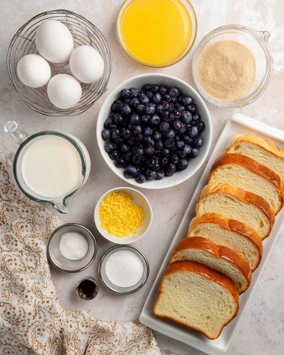 The image shows several ingredients on a white marbled surface. On the right side, there is a long white plate with slices of soft white bread stacked neatly in two rows, with golden-brown crusts on the edges. Below that, a white bowl is filled with fresh dark blue blueberries. Near the center, there is a white bowl filled with light brown sugar and beside it a small metal cup with bright yellow lemon zest. To the left, a wire basket holds white eggs, and above it is a white bowl containing melted yellow butter. Below the blueberries, there is a glass measuring cup filled with white milk. A small metal cup of vanilla extract and another small metal cup of salt are also present near the blueberries. A beige and white patterned cloth is partially visible at the bottom left corner. Photo taken with an iphone --ar 4:5 --v 7