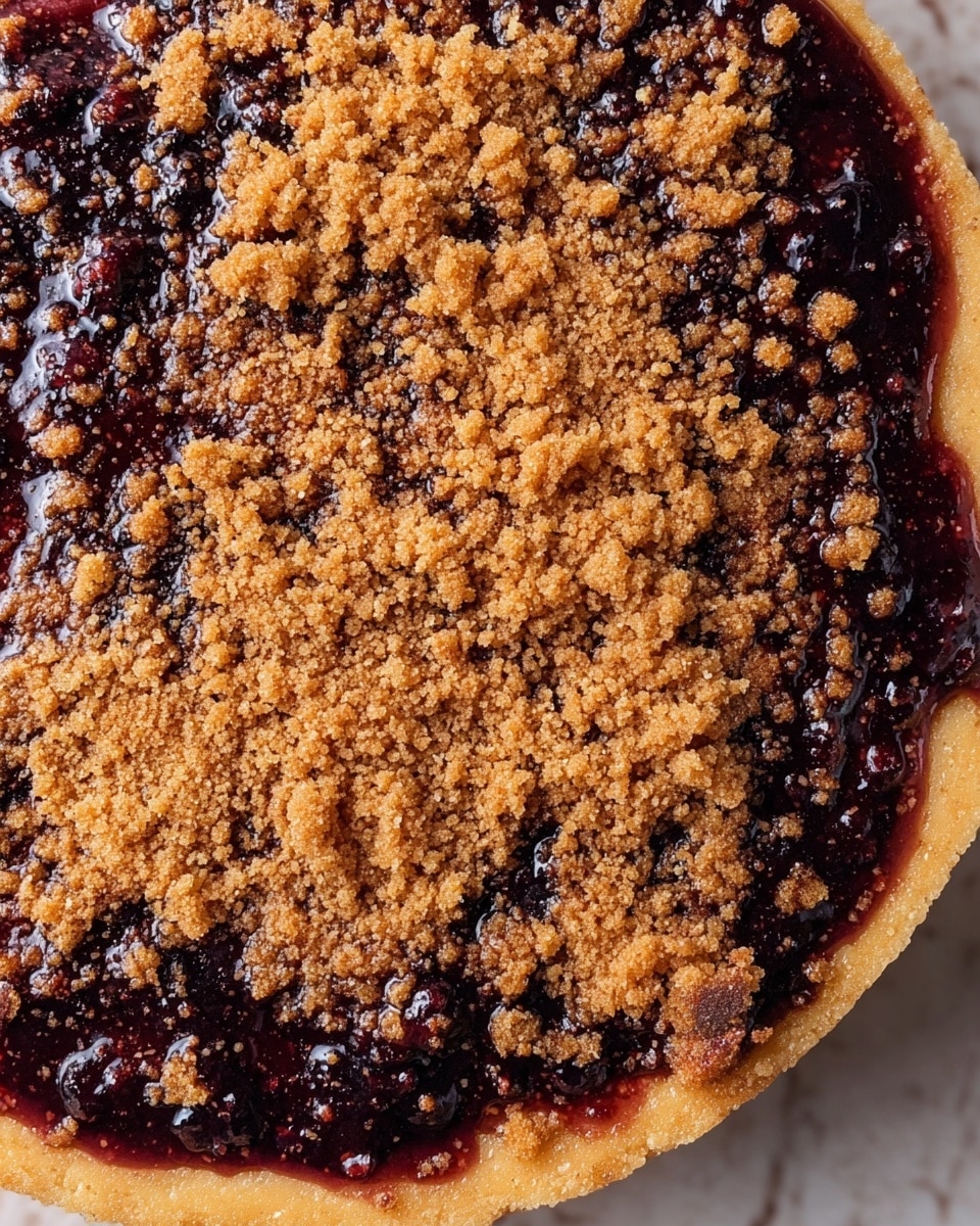 A close-up of a round dessert with three layers: the bottom layer is a light golden crust with a smooth texture, the middle layer is a shiny deep purple jam spread unevenly, and the top layer is a crumbly golden-brown sprinkle scattered thickly over the surface. The dessert sits on a white marbled surface. photo taken with an iphone --ar 4:5 --v 7