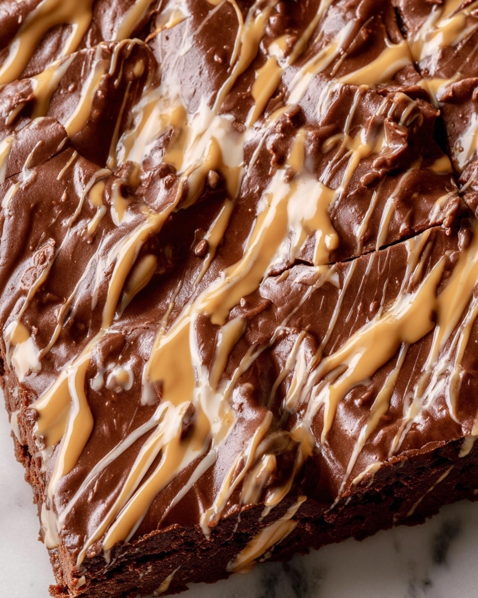 The image shows a close-up of a chocolate dessert with a smooth, rich dark brown base layer that looks soft and shiny. On top, there are irregular streaks and splashes of a light brown, creamy sauce drizzled across the entire surface in a freeform pattern. The texture contrasts between the thick, glossy chocolate and the thinner, slightly shiny drizzled topping. The whole dessert sits on a white marbled surface. photo taken with an iphone --ar 4:5 --v 7
