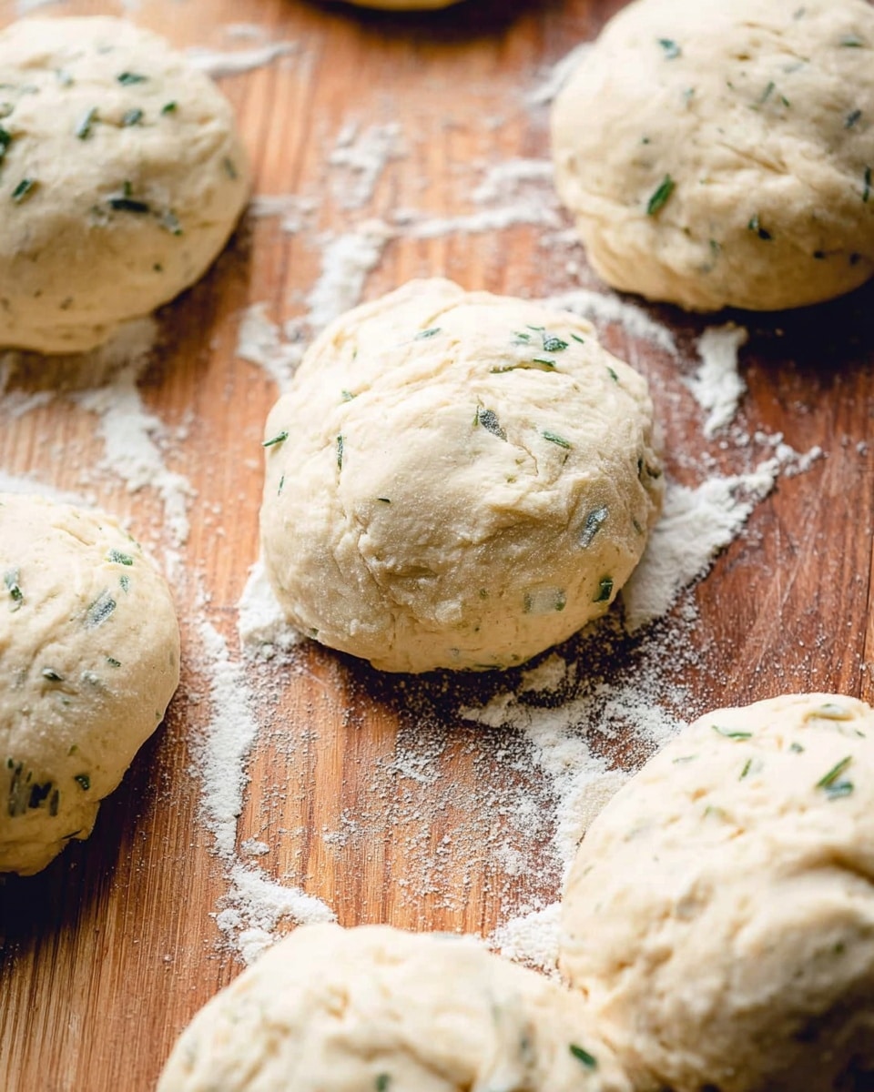 Several rounded dough balls are arranged on a wooden surface dusted with white flour. Each dough ball is pale beige with small green flecks, suggesting herbs mixed inside, and has a soft, slightly uneven texture with gentle cracks and folds on the surface. The wooden surface has a warm brown color and visible grain patterns, adding a rustic feel. The image is closely focused on the dough balls, capturing their raw, fresh look. photo taken with an iphone --ar 4:5 --v 7