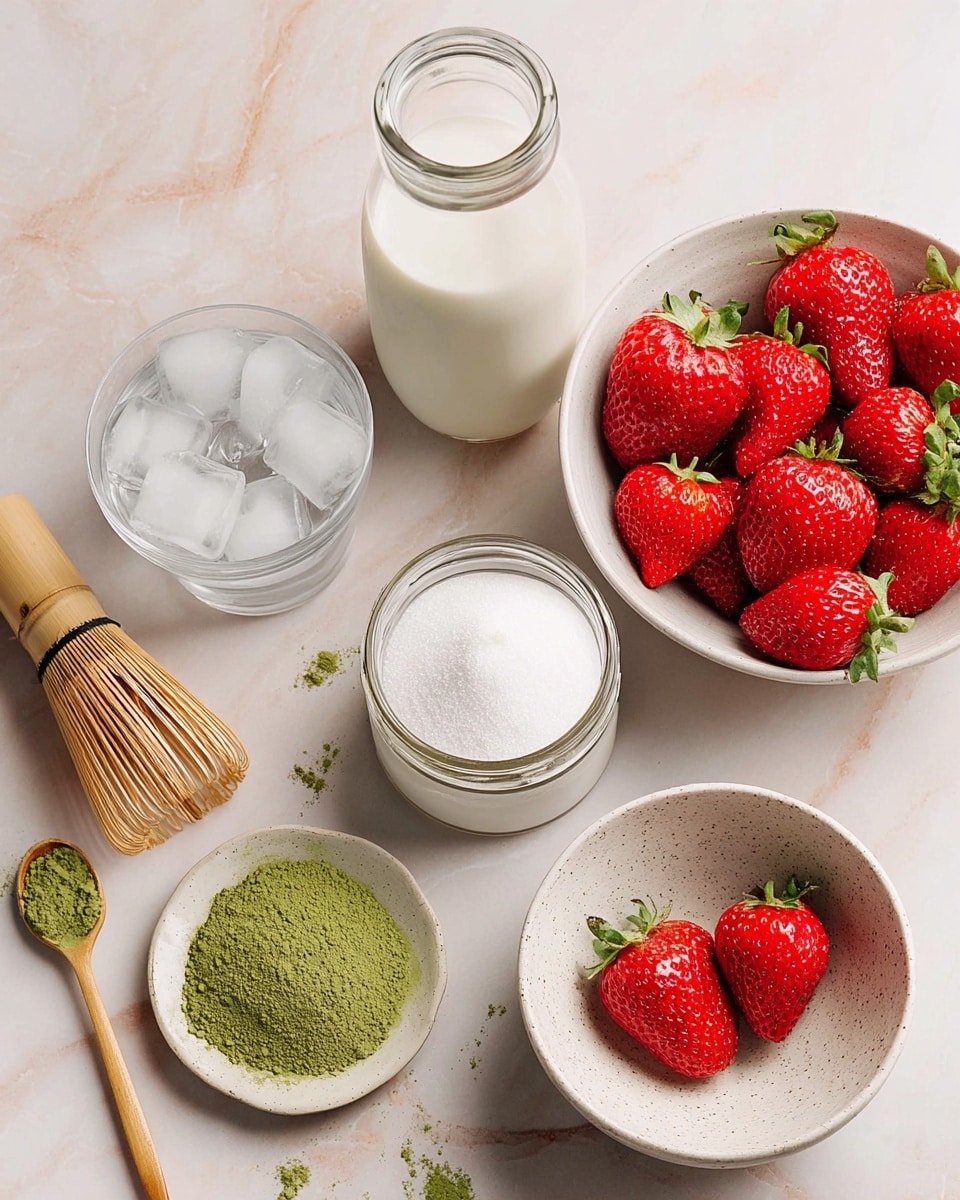 A scene showing ingredients neatly placed on a white marbled surface. There is a white bowl filled with fresh red strawberries, some whole and some halved, on the right side. Next to it is a small glass jar filled with white sugar, with its lid open. In the front left, a small round bowl holds bright green powder, and a wooden spoon with some green powder rests beside it. A clear glass bottle filled with white milk stands at the back center, and next to it is a clear glass filled with ice cubes. In the bottom right, a white speckled bowl contains a bamboo whisk. Scattered around are a few loose strawberries and green powder. photo taken with an iphone --ar 4:5 --v 7