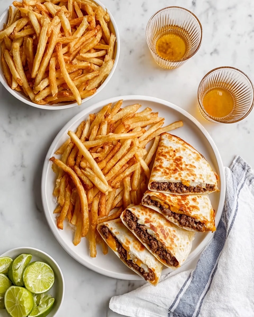 The image shows a white round plate holding four folded quesadilla wedges stacked on the right side, each piece showing layers of browned tortillas filled with cooked ground beef and melted cheese, with some small bits of orange (likely peppers or sauce) visible inside. The left side of the plate is filled with a heap of golden, crispy French fries. Above the plate, there is a white bowl filled with more French fries. To the right of the bowl and plate, there are two clear, ribbed glasses with a light amber drink inside. Below and to the left of the plate, there is a white bowl with lime wedges. A white cloth napkin with a blue stripe runs along the right side of the scene, all set on a white marbled surface. photo taken with an iphone --ar 4:5 --v 7