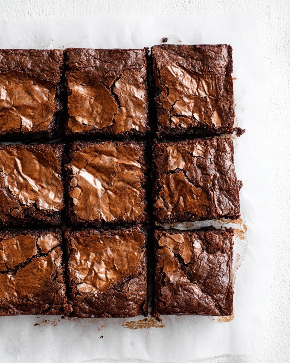 A square of nine brownies is shown on white baking paper that has some brown spots and edges where the brownies touched it. Each brownie has a dark brown, cracked top layer with a shiny, slightly wrinkled texture. The inside of the brownies, seen through cracks, looks dense and moist with a rich chocolate color. The brownies are placed on a white marbled texture surface that contrasts with the dark color of the brownies. Photo taken with an iphone --ar 4:5 --v 7