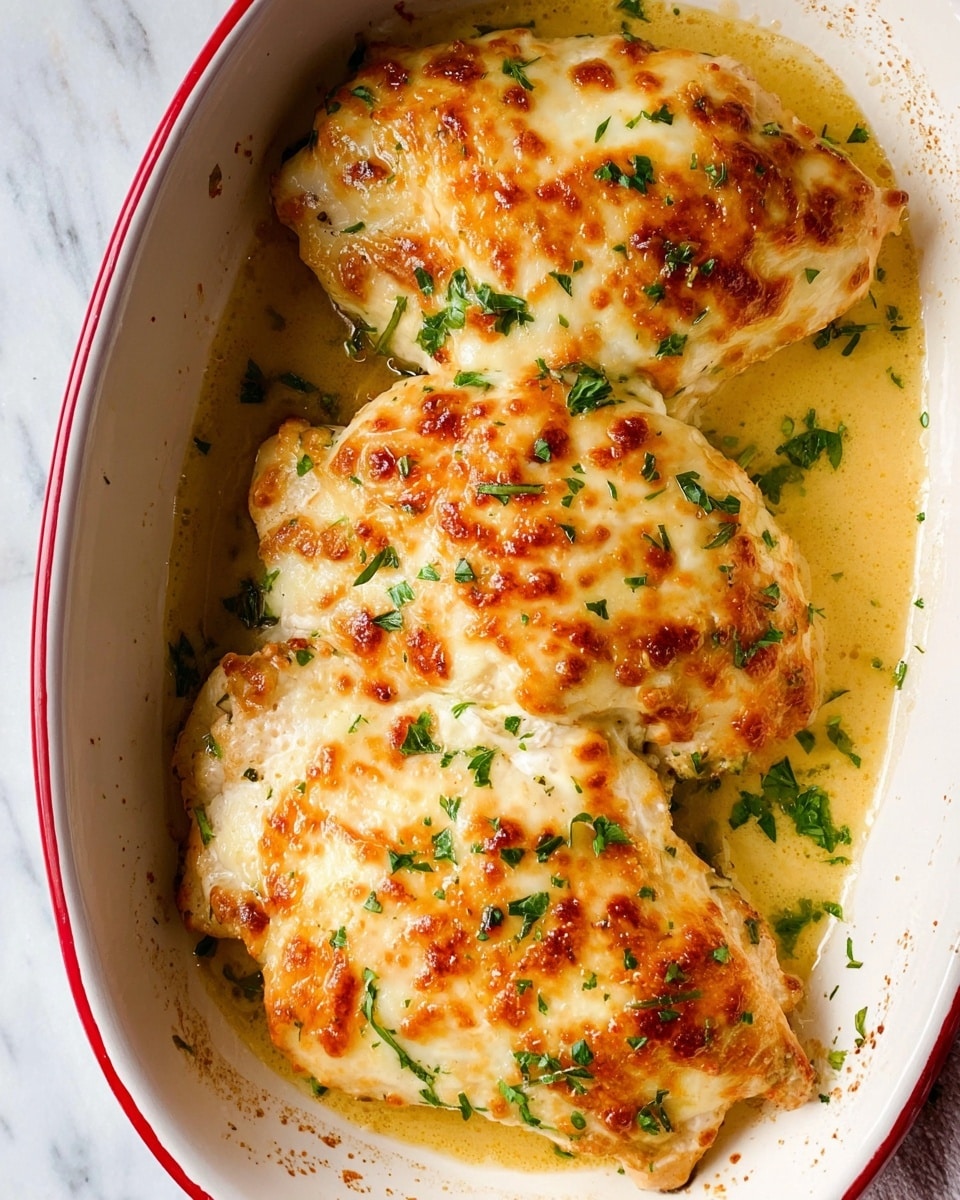 The dish shows three large pieces of baked chicken in a white baking dish with a red rim. Each chicken piece is covered in a golden-brown melted cheese layer that has some bubbly and slightly browned spots, giving a textured look. Small green parsley leaves are sprinkled on top, adding a fresh touch. The cheese layer appears creamy and thick, sitting on top of the white chicken meat that peeks through at the edges. A light golden sauce pools in the bottom of the dish around the chicken pieces. The background is a white marbled surface. photo taken with an iphone --ar 4:5 --v 7