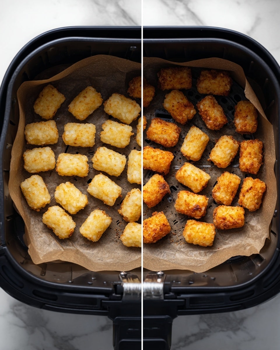 The image shows two side-by-side views inside a black air fryer basket lined with brown parchment paper. The left side has about 18 small, pale yellow tater tots arranged in loose rows, with a slightly wet and soft texture. On the right side, the tater tots have turned golden brown and crisp, with a crunchy surface and some small darker spots, showing they have been cooked. The air fryer walls are dark and shiny, and the scene is set on a white marbled surface. Photo taken with an iphone --ar 4:5 --v 7