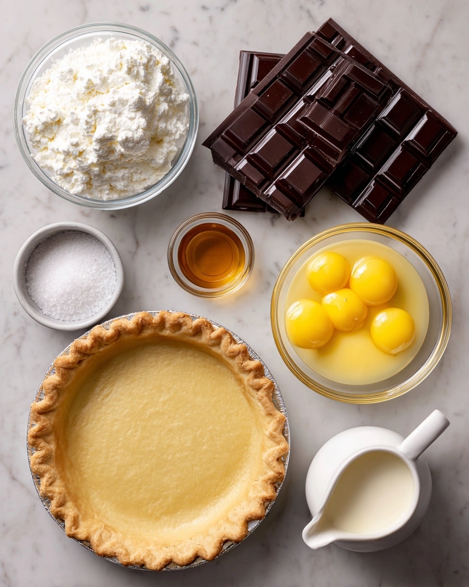 The image shows ingredients for making chocolate pie arranged neatly on a surface with white marbled texture. At the bottom left, there is a golden baked pie crust with a crimped edge sitting on a white plate. Above it, three dark chocolate bars with shiny, smooth square segments are stacked slightly overlapping each other. To the right of the chocolate, there is a clear glass bowl filled with bright yellow egg whites, next to it is another clear bowl filled with white granulated sugar. Near the top left, a small clear glass bowl contains white salt crystals, and to its right, another small bowl has golden vanilla extract. Finally, at the bottom right, a white pitcher holds creamy, thick heavy cream. All items are spaced apart on the white marbled surface, the photo taken with an iphone --ar 4:5 --v 7