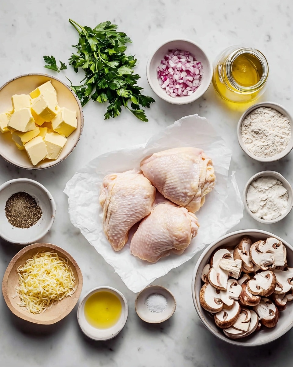 The image shows the ingredients for a dish laid out neatly on a white marbled surface. In the center, there are three raw, pale pink chicken pieces resting on white parchment paper. Around them, various small white bowls hold different ingredients: light yellow butter cubes in a bowl on the left, finely chopped red onions in a bowl, coarsely ground black pepper in a small wooden bowl, and minced garlic in another white bowl. To the right, a white bowl contains sliced brown mushrooms with white inner parts. Other small white bowls contain white flour, yellow olive oil, light yellow lemon juice, and lemon zest. Fresh green parsley lies in the upper left corner. A clear glass jar filled with a light golden liquid sits near the butter. photo taken with an iphone --ar 4:5 --v 7