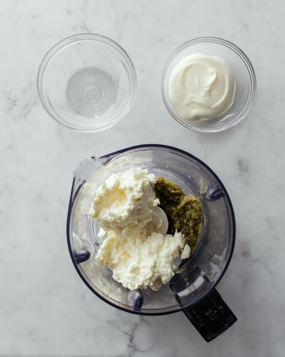 A clear blender bowl sits on a white marbled surface, filled with two main ingredients: on the left, a creamy white mixture with a lumpy texture, and on the right, a greenish chunky paste. Above the blender bowl, there are two clear glass bowls, one containing a smooth white cream and the other with a bit of green chunky mixture residue left at the bottom. The overall setup is clean and simple. photo taken with an iphone --ar 4:5 --v 7