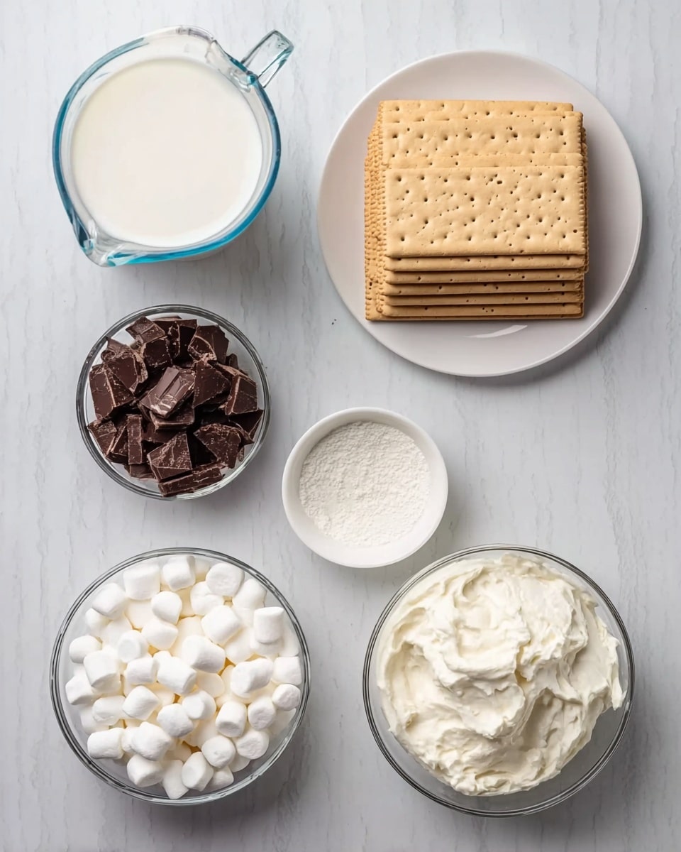 The image shows six bowls and a stack of crackers on a white marbled surface. At the top left, there is a glass measuring cup filled with milk, which is white and smooth. To its right, on a white plate, is a neat stack of light brown rectangular crackers with small holes in rows. Below the milk, there is a small white bowl with a white powder inside. To the right of that, a clear glass bowl holds dark brown chopped chocolate pieces. At the bottom left, there is a white bowl filled with small white marshmallows that are soft and round. To the right, another white bowl contains a thick, creamy white mixture with a smooth texture. photo taken with an iphone --ar 4:5 --v 7