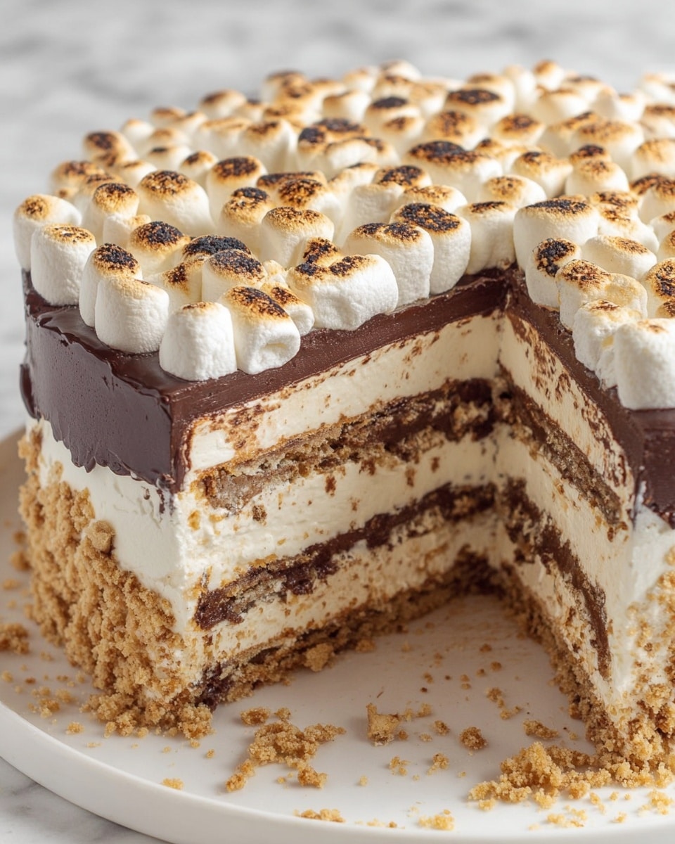 The image shows a layered s'mores cake with five layers visible. Starting from the bottom, the first layer is a light brown graham cracker crust, followed by a thick creamy white layer. Above that is a thin dark chocolate layer, topped with another layer of light brown graham cracker, then more creamy white filling, another thin dark chocolate layer, and a final graham cracker layer. The top surface is covered with a thick dark chocolate layer, decorated with many toasted mini marshmallows that are white with golden brown char marks. The cake is placed on a white plate sitting on a white marbled surface, with some crumbs scattered around the base. photo taken with an iphone --ar 4:5 --v 7