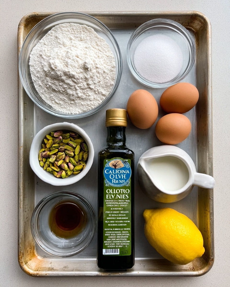 A metal baking tray with a white marbled surface underneath holds several ingredients arranged neatly. At the top left is a clear glass bowl filled with white powdered flour. Next to it on the right are three brown eggs. Below the eggs is another clear glass bowl containing white granulated sugar. In the bottom left corner of the tray is a small white bowl filled with green pistachio nuts. Next to it is a tiny white bowl with white powder, likely baking powder or salt. Below that is a small clear glass dish holding a dark amber liquid, probably vanilla extract. Centered and leaning slightly to the right is a green bottle of California Olive Ranch Extra Virgin Olive Oil with a blue and white label. To the right of the olive oil bottle is a small white pitcher with a light cream liquid, and beside it at the bottom right corner of the tray is a whole bright yellow lemon. photo taken with an iphone --ar 4:5 --v 7