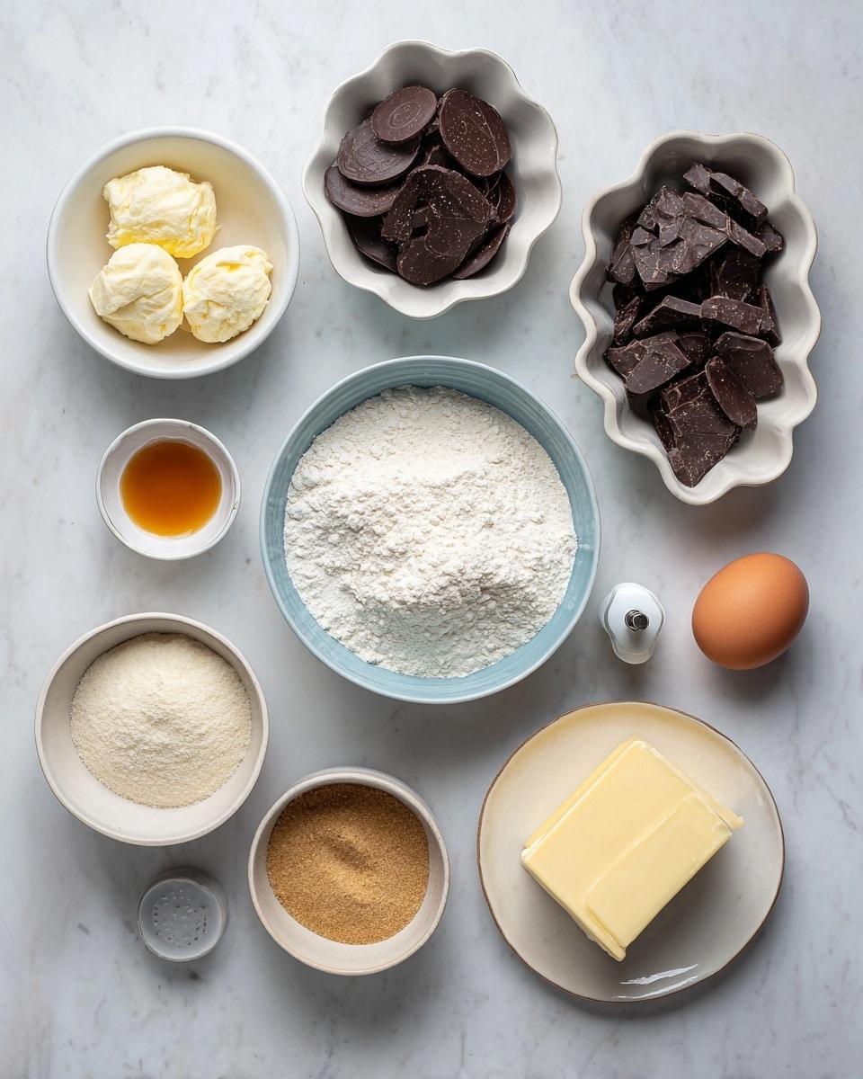 This image shows a flat lay of baking ingredients arranged neatly on a white marbled surface. There are nine containers and one loose egg arranged in a loose grid. Starting from the top left, a white bowl filled with dark chocolate discs is visible. To the top right, a white leaf-shaped bowl holds uneven chunks of dark chocolate. Below these, there is a blue bowl filled with white flour in the center. To the right of the flour bowl, a small white cup contains baking powder. Below and to the left is a small white bowl with white sugar, and beneath it, there is a tiny white cup with amber vanilla extract. Next is a white bowl holding two scoops of light beige butter. At the bottom left corner, a white bowl with a brown rim holds golden brown sugar. To the right of the brown sugar, an unbroken brown egg rests on the surface. Finally, on the bottom right is a white plate with a block of sliced pale yellow butter. A grey pepper shaker is positioned near the flour bowl. All items are evenly spaced with soft natural light and clear details. Photo taken with an iphone --ar 4:5 --v 7