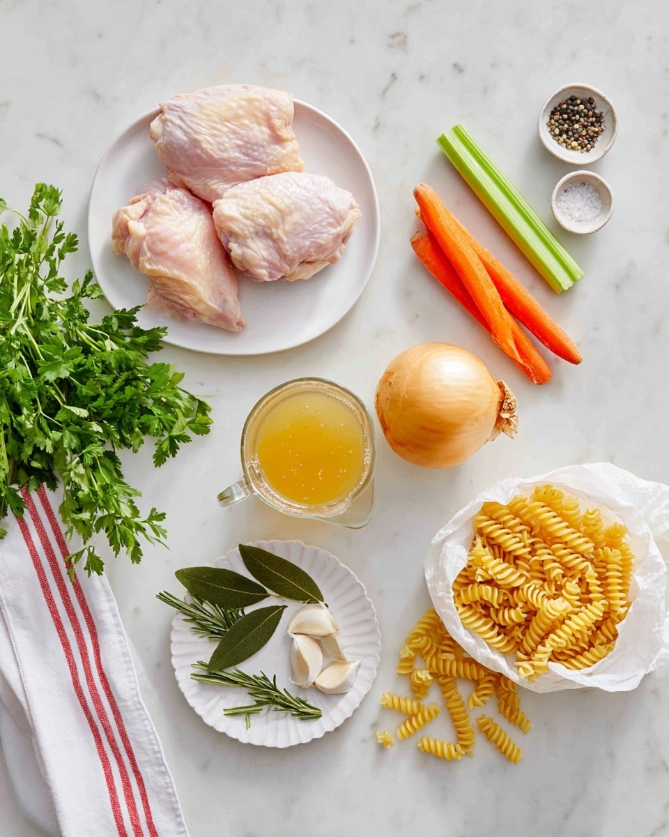 A white plate holds two raw pale pink chicken pieces at the top left. To the right, two bright orange carrots and two green celery sticks are placed side by side. A whole round yellow onion is centered below the vegetables. Near the bottom left, a bunch of fresh green parsley spreads out with a white towel that has red stripes beside it. Below the chicken, a small white plate has two dark green bay leaves and green rosemary sprigs. At the bottom center, a clear glass jug filled with light yellow broth with small black specks sits next to a small white scalloped dish containing four garlic cloves. On the right side, uncooked golden yellow fusilli pasta spills out from a white bag onto the white marbled surface. Two small white bowls with salt and pepper are near the top right corner. Photo taken with an iphone --ar 4:5 --v 7
