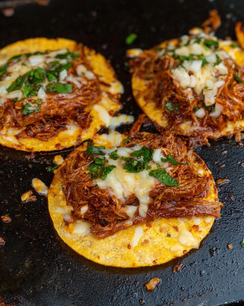 Three small tacos are placed directly on a hot black grill surface. Each taco has two layers: the bottom layer is a golden yellow tortilla, topped with a melted cheese layer that is light golden and gooey in texture. On top of the cheese is a rich brown shredded meat layer, with small pieces of white onion and bright green cilantro sprinkled over the meat. The tacos are close to each other, with some melted cheese spilling onto the grill. The grill has a few small bits of food scattered around. Photo taken with an iphone --ar 4:5 --v 7