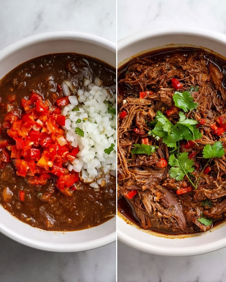 The image shows two white bowls side by side on a white marbled surface. The left bowl has three main layers: the bottom layer is a thick, dark brown sauce; the middle layer is a mix of finely chopped white onions; and the top layer is chopped red peppers with a fresh, slightly chunky texture. The right bowl contains shredded brown meat soaked in a dark brown sauce, with pieces of red peppers mixed in and a few green cilantro leaves on top, adding a touch of bright color. photo taken with an iphone --ar 4:5 --v 7