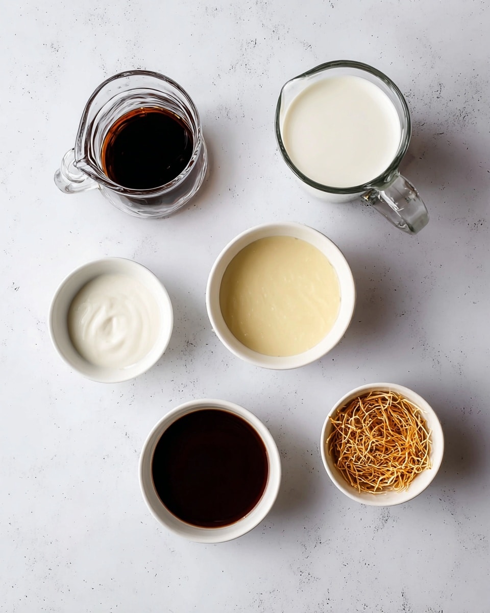 The image shows six small bowls and pitchers placed on a white marbled surface. At the top left is a clear small glass pitcher with dark brown liquid. To the right is a clear larger glass pitcher filled with white milk. Below the small pitcher is a plain white bowl with white cream inside. In the center is a white bowl with a pale yellow sauce, smooth in texture. Directly below it is another white bowl filled with thin golden brown noodles or crispy strands. To the bottom left is a white bowl filled with a thick dark brown liquid, smooth and glossy. The arrangement is simple and neat, with each container clearly visible. photo taken with an iphone --ar 4:5 --v 7