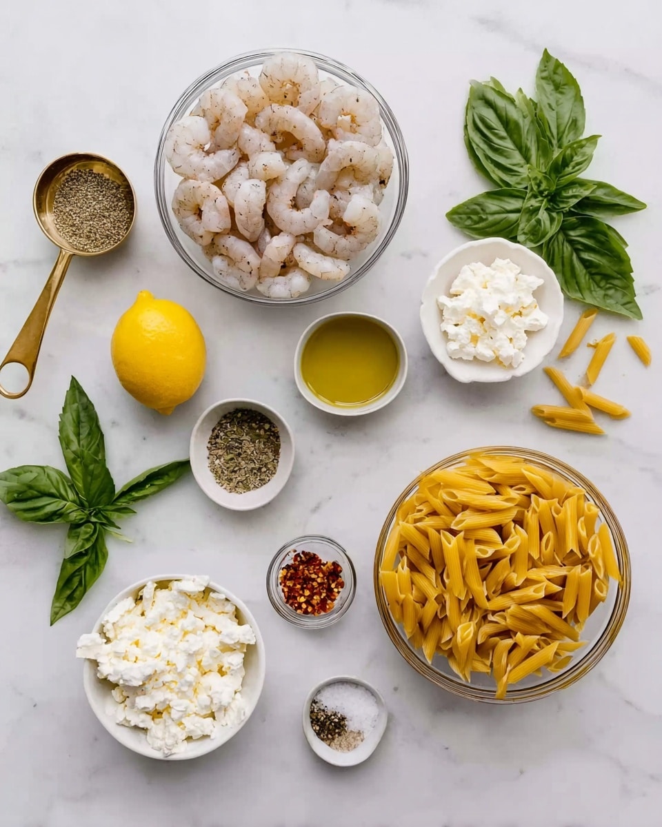 The image shows various ingredients arranged neatly on a white marbled surface. There are two clear bowls filled with raw shrimp and uncooked yellow penne pasta. Around these bowls, there are small white bowls containing olive oil, grated cheese, and cottage cheese. Fresh green basil leaves rest near the center, alongside a whole yellow lemon. A brass measuring spoon holds dried herbs, and a small glass container holds red chili flakes. Two small white bowls contain a mix of salt and pepper. The overall look is clean and well-organized, with the ingredients spaced out evenly. Photo taken with an iphone --ar 4:5 --v 7