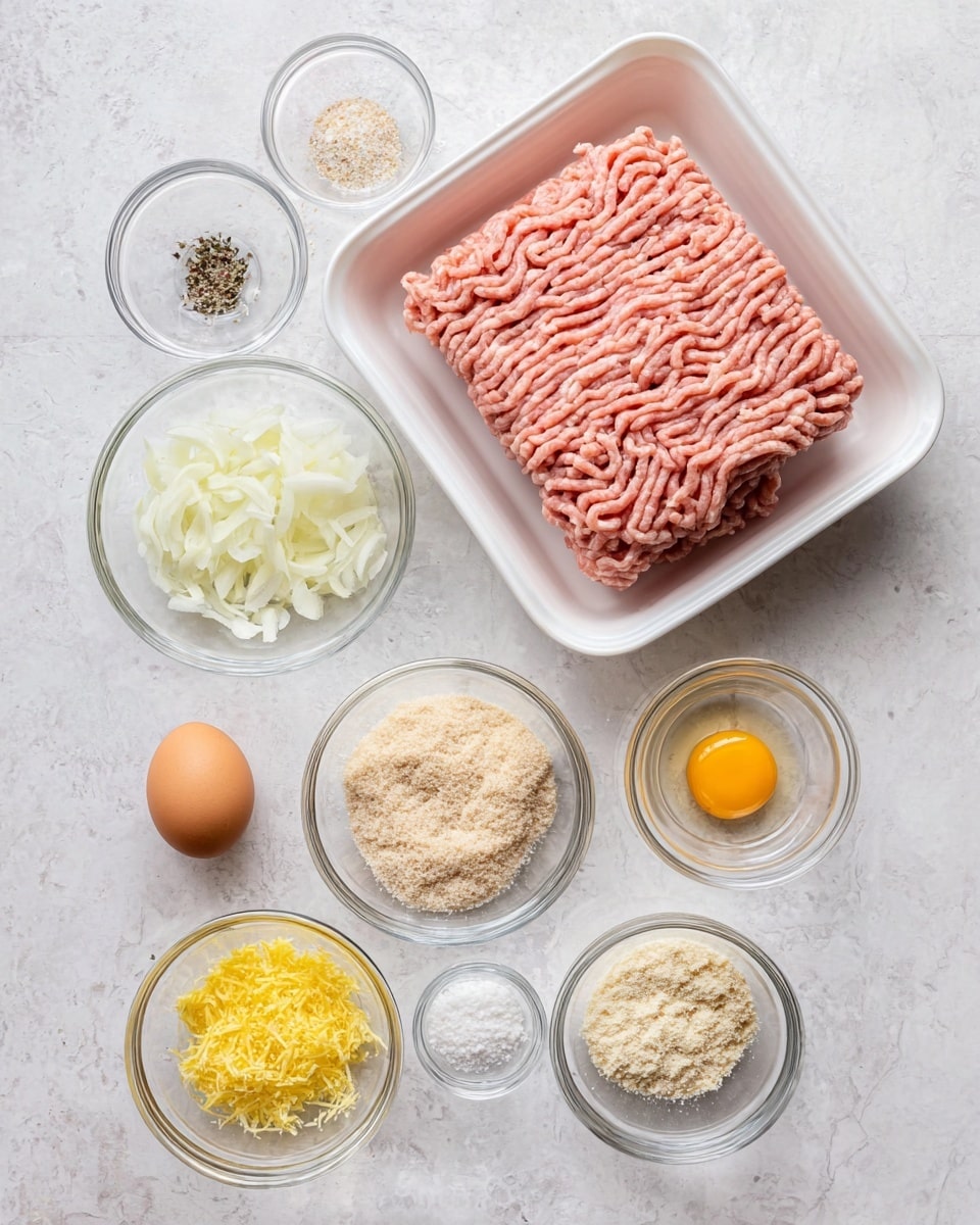 A white plastic tray filled with a block of pink ground meat sits on a white marbled surface. Below the tray, there are several clear glass bowls arranged in a scattered pattern. The bowls contain different ingredients, including a whole brown egg, finely chopped white onions, minced garlic, white granulated salt, black pepper powder, light brown breadcrumbs, finely grated yellow lemon zest, and finely grated white cheese. Each bowl has a slightly different size, and the items inside show soft, fine, or granular textures. The setting is bright and clean with even lighting, with no other objects or people visible. Photo taken with an iphone --ar 4:5 --v 7