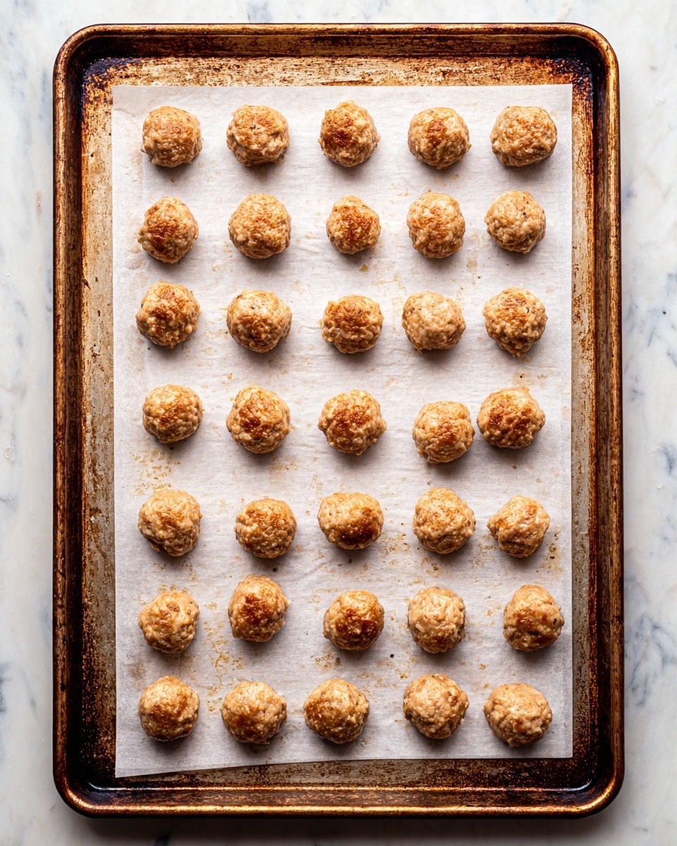 The image shows a metal baking tray lined with white parchment paper on a white marbled surface. On the parchment, there are five rows of evenly spaced meatballs, totaling 30 pieces. Each meatball is light golden brown with a slightly rough texture, showing small browned spots giving them a cooked look. The baking tray has a rustic, used appearance with areas of browning and wear around the edges. The photo is taken from above, capturing the full tray in a neat and orderly presentation. photo taken with an iphone --ar 4:5 --v 7