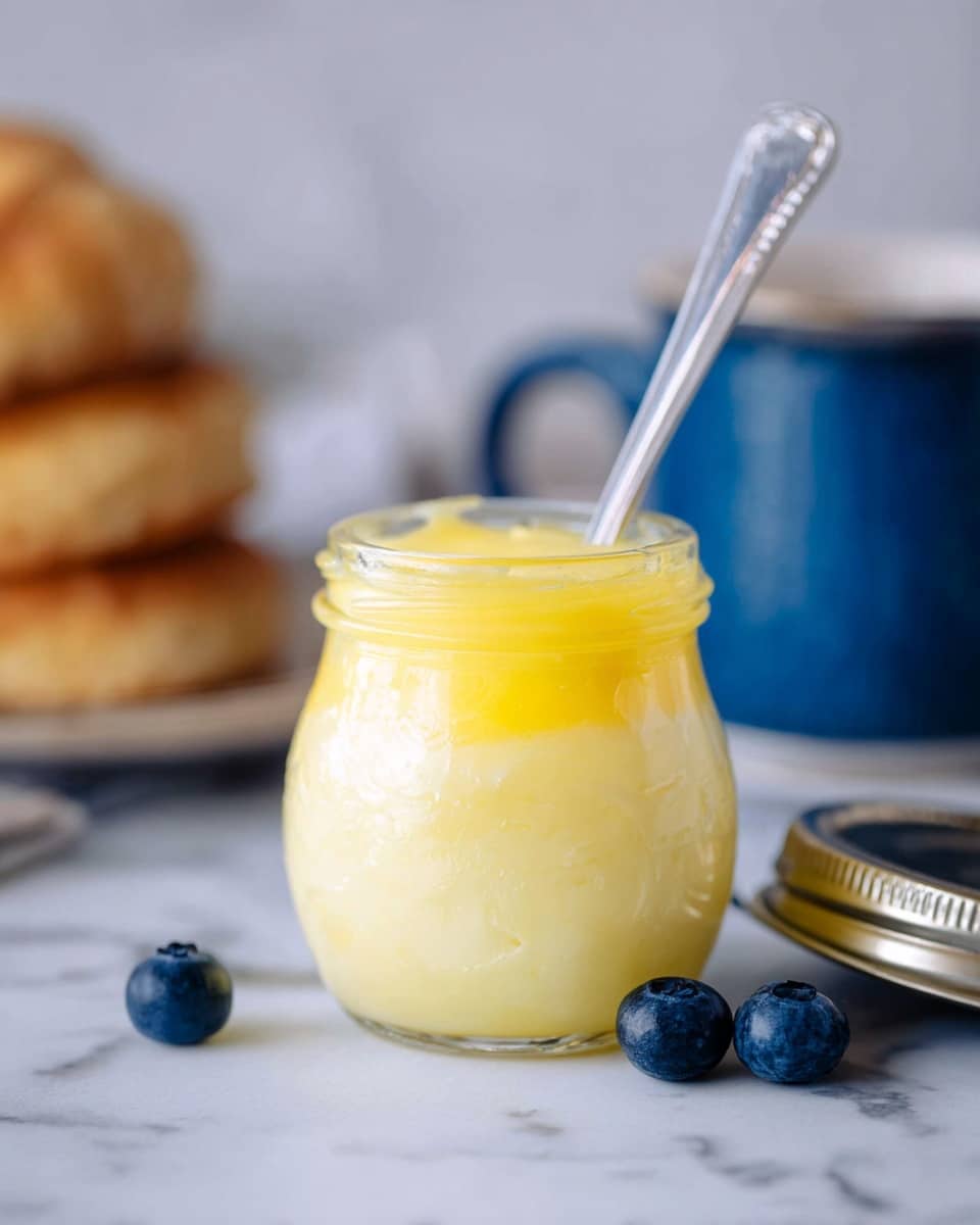 A small clear glass jar filled with two layers of butter: the bottom layer is pale yellow and creamy, while the top layer is a brighter yellow and slightly thicker in texture. A thin silver spoon stands inside the jar. The jar sits on a white marbled surface with three dark blue blueberries placed casually in front. To the right side of the jar is a metallic lid resting on the surface, and in the blurred background, a blue ceramic cup with a handle and a stack of golden brown baked goods can be seen. Photo taken with an iphone --ar 4:5 --v 7