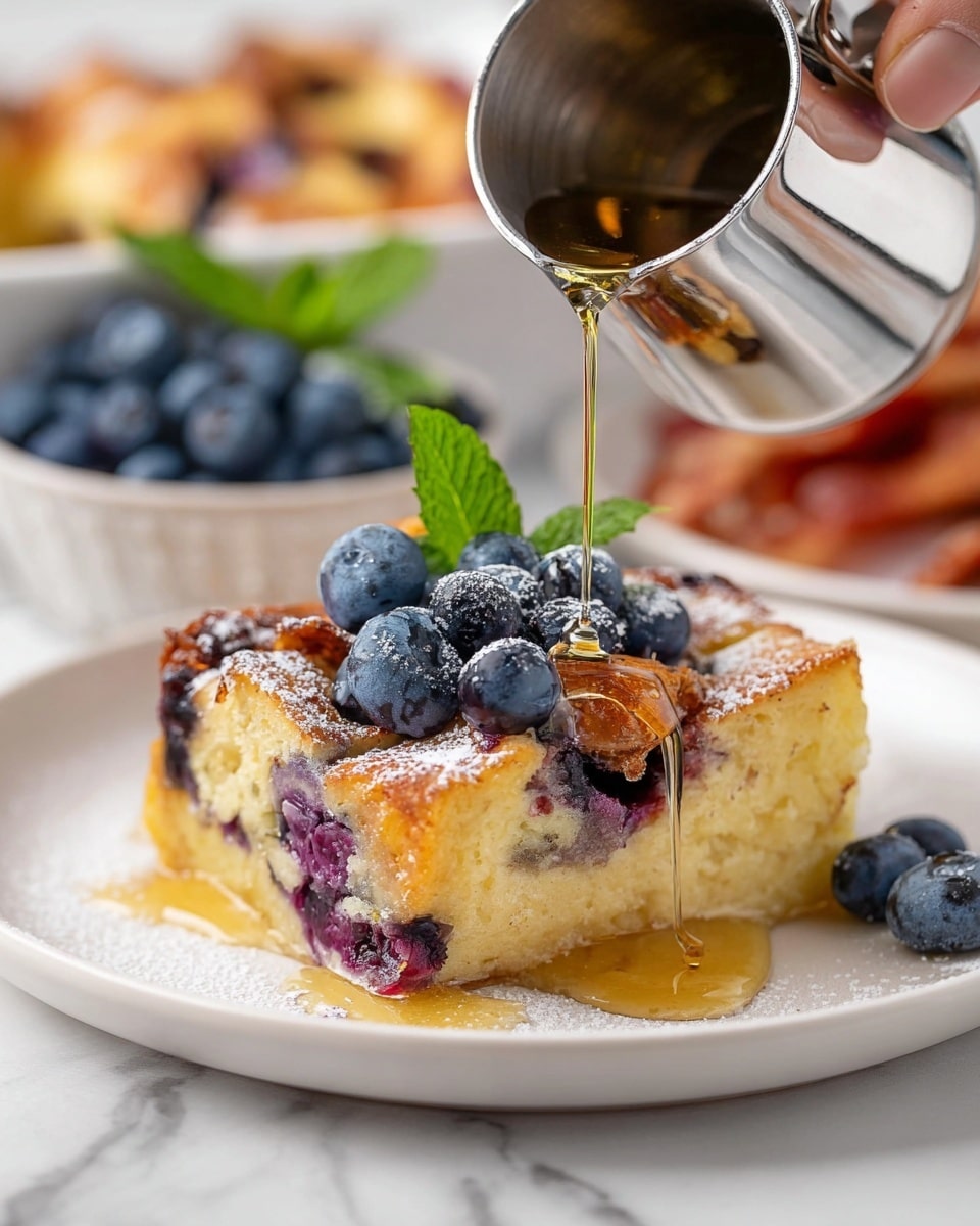 A thick square piece of golden-baked bread pudding with visible dark purple blueberries inside the soft, fluffy layers is placed in the center of a white plate. The top layer is slightly crispy and dusted with powdered sugar, decorated with fresh blueberries and a small green mint leaf. Golden syrup is being poured from a shiny metal container over the top, flowing down the sides and pooling slightly on the white plate. In the background, there is a blurred bowl filled with more fresh blueberries and a hint of crispy bacon to the side. The whole scene is set on a white marbled surface. Photo taken with an iphone --ar 4:5 --v 7