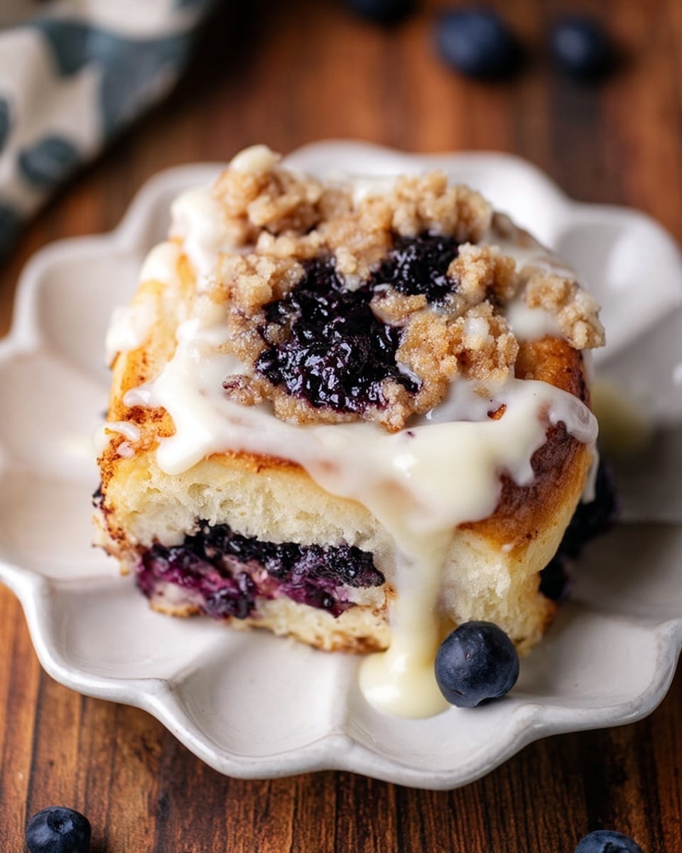 A close-up view of a blueberry cinnamon roll set on a white flower-shaped plate, sitting on a wooden surface. The roll has three visible layers: a light golden-brown dough base, a thick middle layer of dark purple blueberry filling with crumbly tan streusel pieces on top, and an outer creamy layer of white icing dripping slightly over the edges. The texture of the dough looks soft and fluffy, while the icing is smooth and shiny. A few loose blueberries are scattered around the plate. Photo taken with an iphone --ar 4:5 --v 7