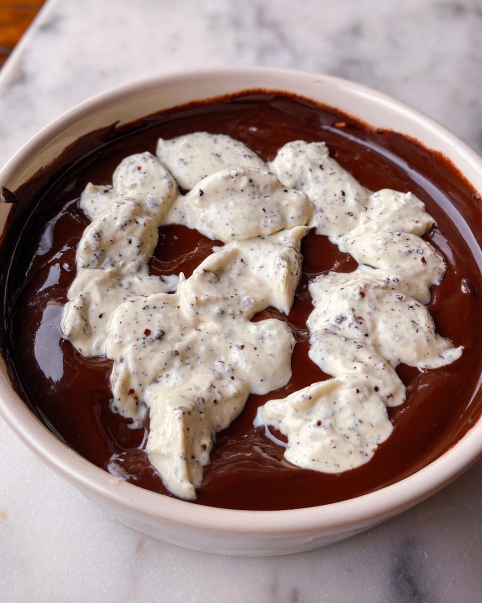 The dish shows one layer of smooth, dark brown chocolate sauce filling the white bowl, topped with scattered dollops of light cream mixed with tiny dark specks, spread unevenly over the surface. The cream looks thick and soft against the shiny, rich chocolate underneath. The bowl is placed on a white marbled table. Photo taken with an iphone --ar 4:5 --v 7