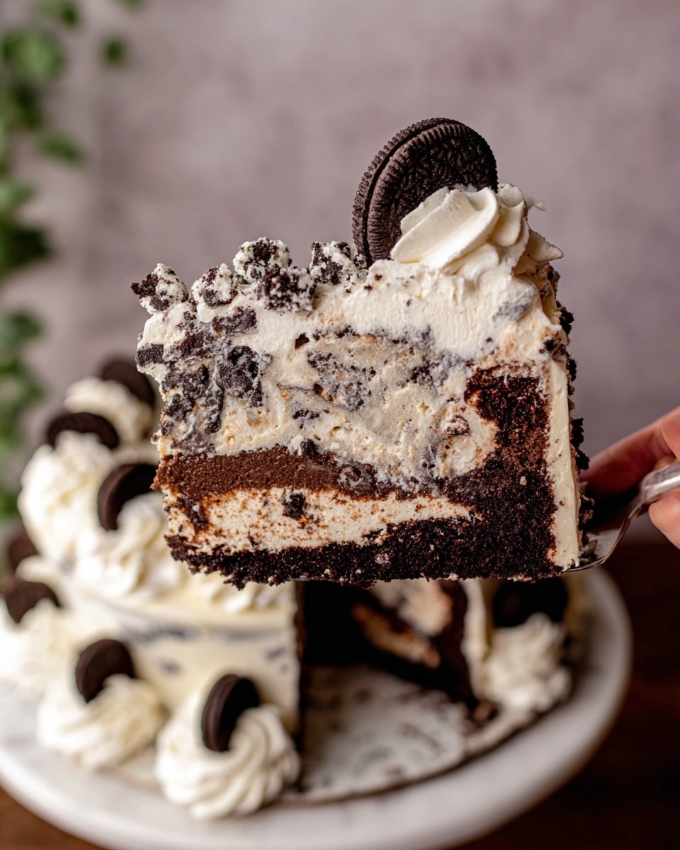 The image shows a thick, round dessert on a white plate with swirled edges, placed on a wooden surface. The dessert has three main layers: a dark brown chocolate base, a middle layer of light cream mixed with bits of crushed cookies, and a thick top layer of creamy white frosting with cookie specks. The top is decorated with dollops of whipped cream, small dark chocolate chips, and half dark cookies standing upright around the edge. Some whole dark cookies lie on the table beside the plate, and a green leafy plant is visible in the background. The setting has a warm, cozy feel with a blurred light brown background. Photo taken with an iphone --ar 4:5 --v 7