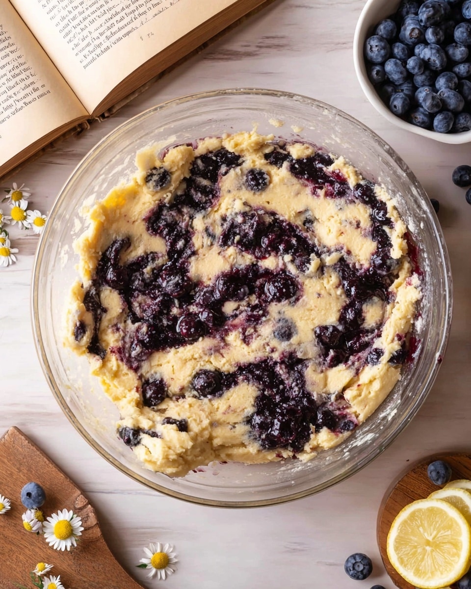 A clear glass bowl holds a creamy light yellow dough mixed with swirls and dollops of dark purple blueberry jam spread unevenly throughout the dough. The mixture looks thick with a rough texture. Around the bowl, there are fresh blueberries scattered on an open book whose pages have pale cream text, and a small wooden plate with a slice of lemon and daisy flowers. A white bowl filled with fresh blueberries and one lemon slice with small daisy flowers sits on a white marbled surface, which is the background visible in the image. photo taken with an iphone --ar 4:5 --v 7