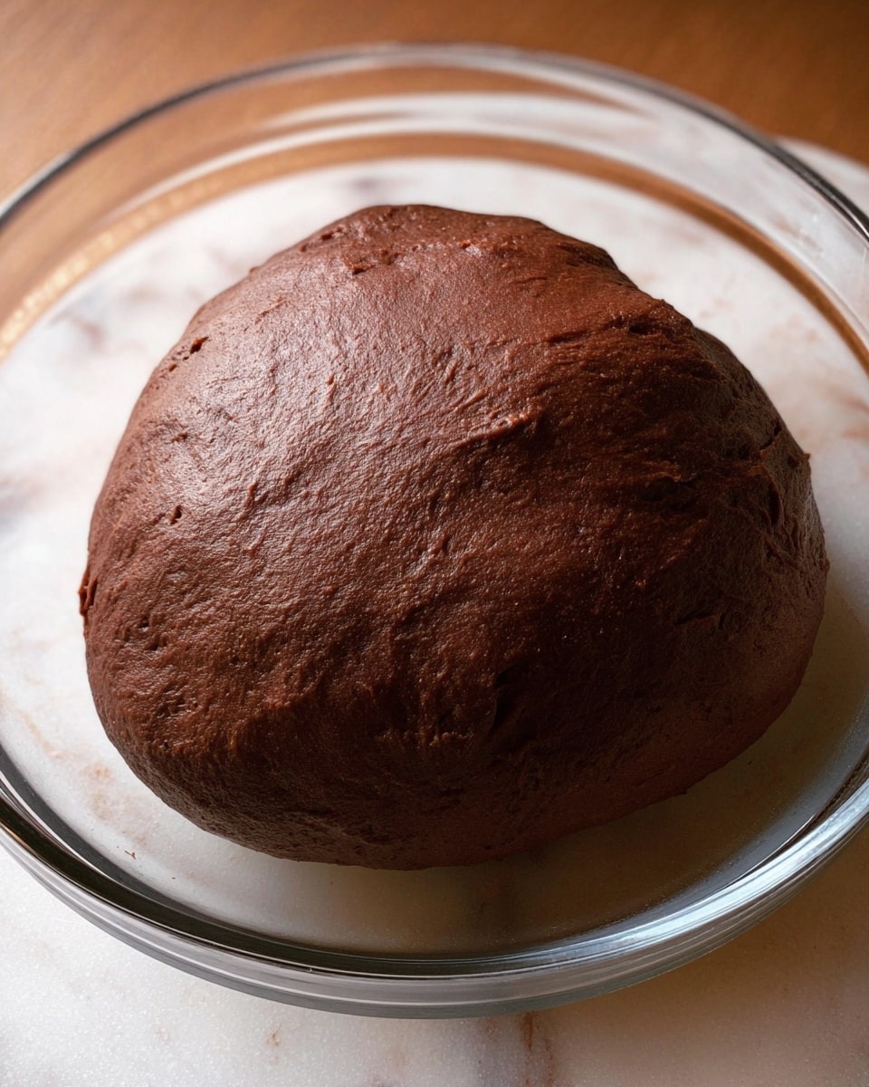 A single round ball of dark brown dough with a smooth, slightly wrinkled surface rests inside a clear glass bowl. The dough fills most of the bowl, which is placed on a white marbled texture surface. The lighting highlights the soft and dense texture of the dough without any additional layers or toppings visible. photo taken with an iphone --ar 4:5 --v 7