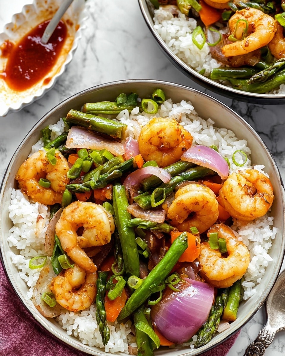 The dish shows a bowl filled with a base layer of white rice topped with a colorful mix of cooked shrimp and green vegetables including asparagus, snap peas, and chopped green beans, along with some orange carrot slices and pieces of purple onion. The shrimp are orange and plump, scattered evenly on the vegetables. The vegetables look fresh and slightly glossy, mixed well on top of the rice. Behind this bowl, there is a similar bowl partially visible with the same ingredients. In the background, a small white scalloped dish holds a spoon partially covered with a bright red sauce. The surface is white with a marbled texture. photo taken with an iphone --ar 4:5 --v 7