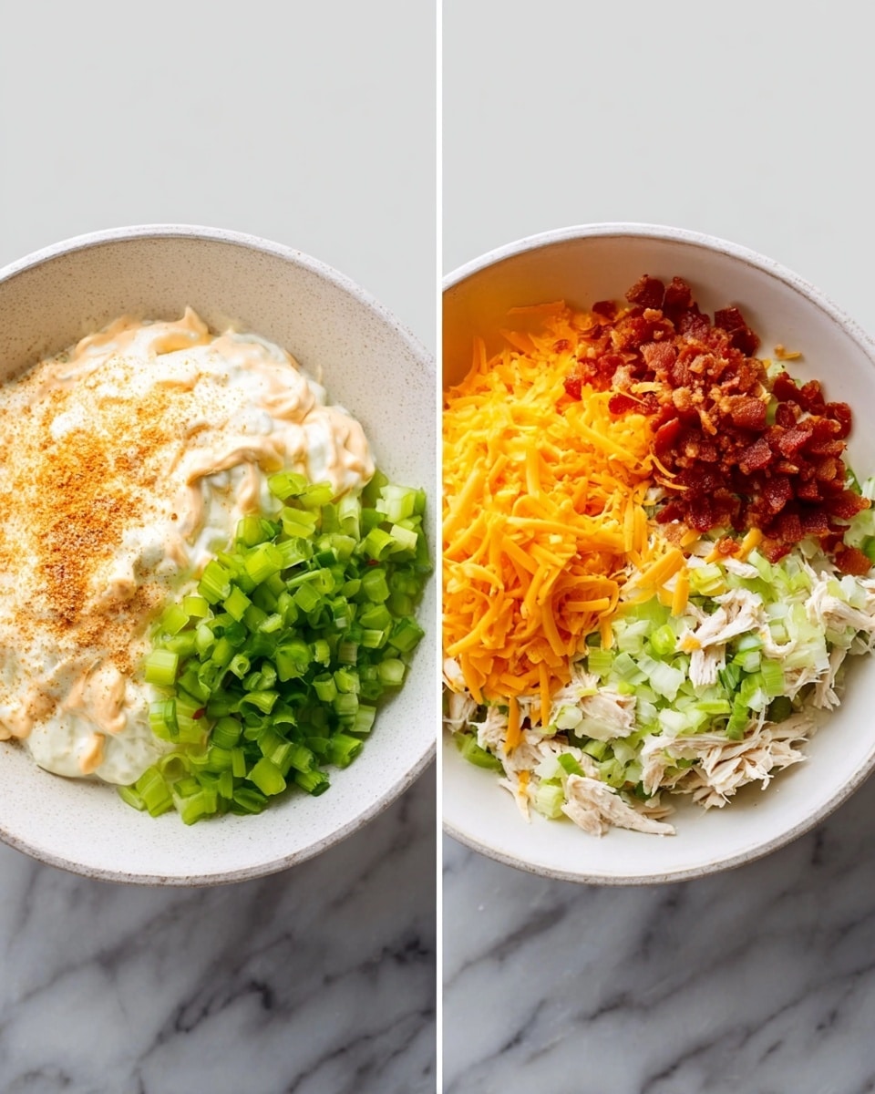 In the first image, a white bowl sits on a white marbled surface, containing three main layers: a base layer of creamy white mayo, a middle layer of light orange sauce, and a sprinkling of fine light brown powder on top, all textures appearing smooth and thick. In the second image, the same white bowl on the white marbled surface contains multiple bright and fresh layers arranged side by side: finely chopped light green celery on the upper left, shredded light brown chicken meat next to it, finely sliced bright green spring onions below the chicken, shredded orange cheddar cheese on the upper right, and small bits of reddish-brown bacon crumbles on top, all pieces crisp and fresh in texture. photo taken with an iphone --ar 4:5 --v 7