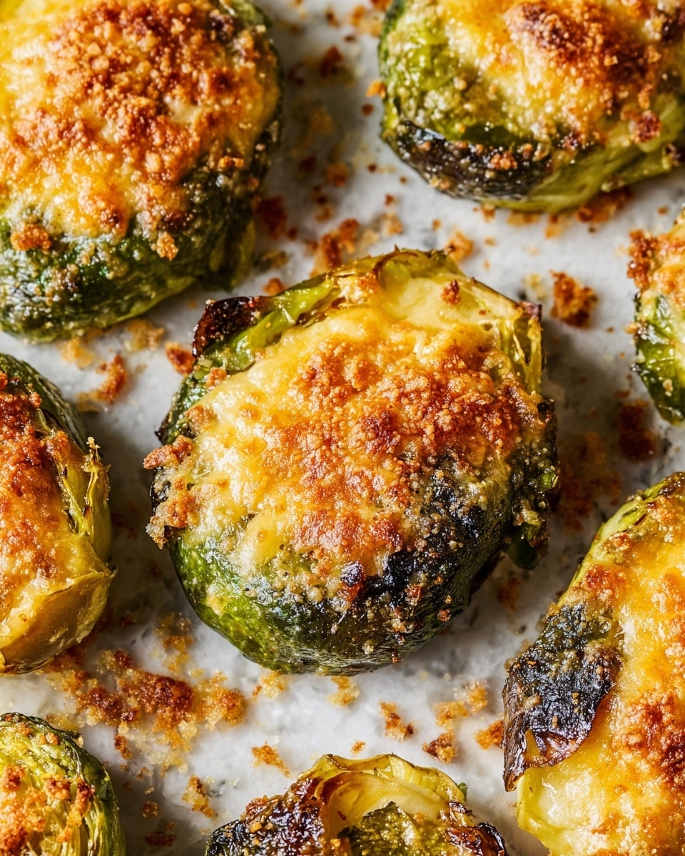 The image shows several large green brussels sprouts cut in half, roasted to have a crispy and golden top layer of melted cheese with bubbly, slightly browned edges. The green leaves beneath the cheese have a shiny, oily texture with some charred dark spots, adding contrast. The sprouts are placed closely on a white marbled surface with scattered crispy cheese bits around them, emphasizing their crunchy and rich baked appearance photo taken with an iphone --ar 4:5 --v 7