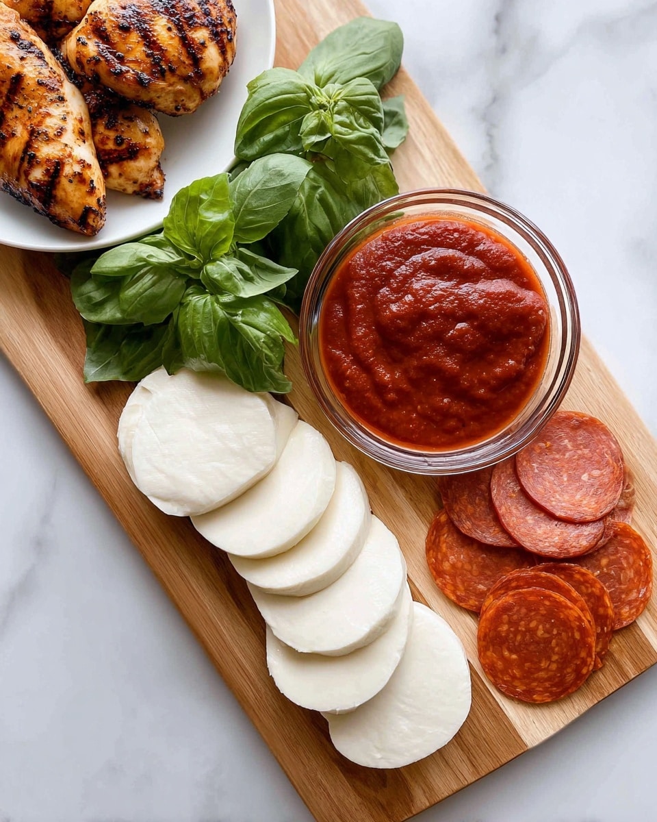 The image shows a wooden board on a white marbled surface with five main layers arranged neatly. On the left side, there is a fresh basil bunch with bright green leaves, followed by smooth, round, white slices of mozzarella cheese overlapping each other in the center bottom of the board. Above the mozzarella, a clear glass bowl is filled with a rich, thick tomato sauce of deep red color. To the right of the bowl, thin, round slices of reddish-brown pepperoni are stacked in a curved line. In the upper left corner, next to the board on the white marbled surface, there are three grilled chicken pieces with dark grill marks on a white plate. photo taken with an iphone --ar 4:5 --v 7